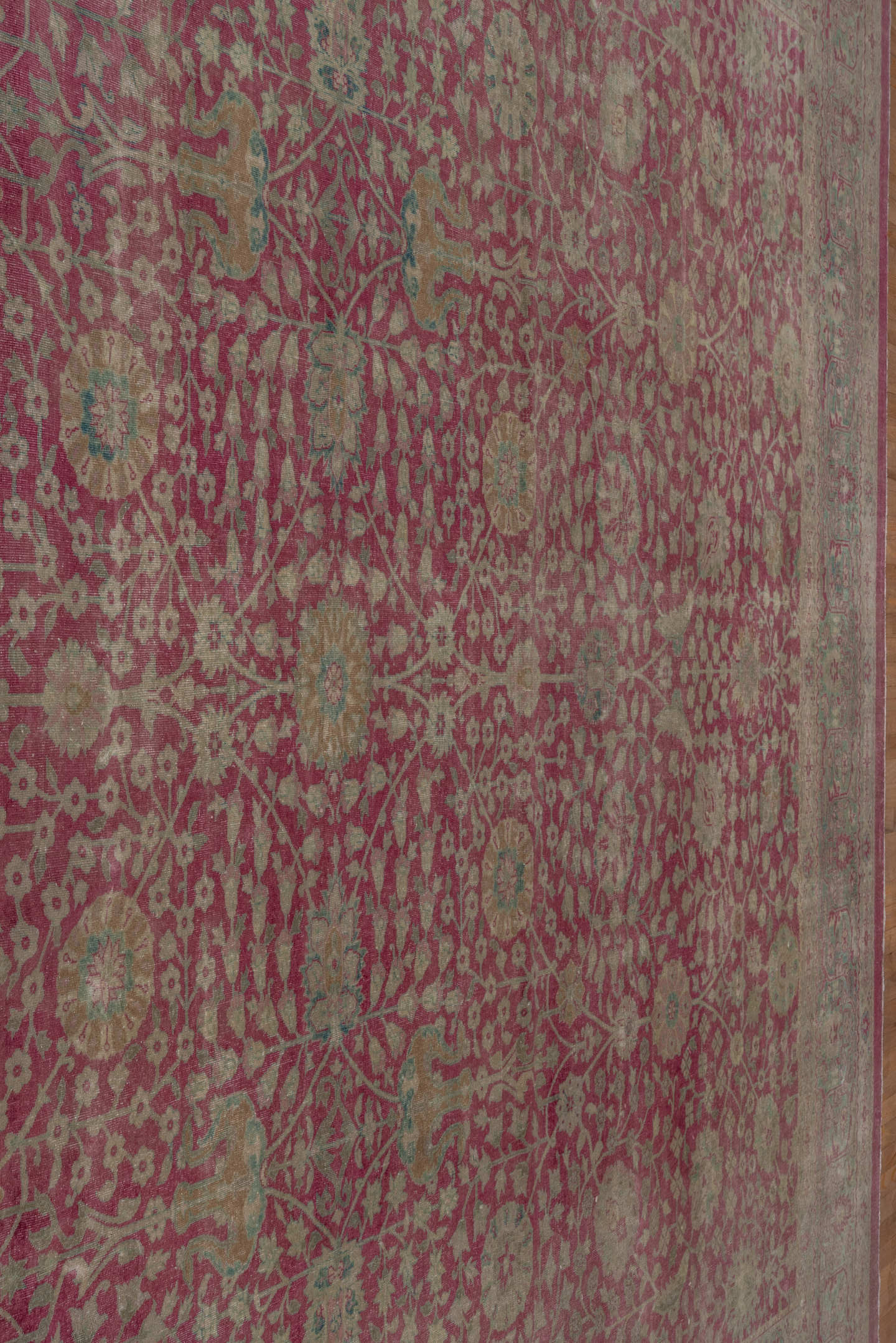 12' x 17' one-of-a-kind handmade antique Sivas oversize rug. Color palette: rose, ivory, teal, dusty pink, sage, taupe, pink