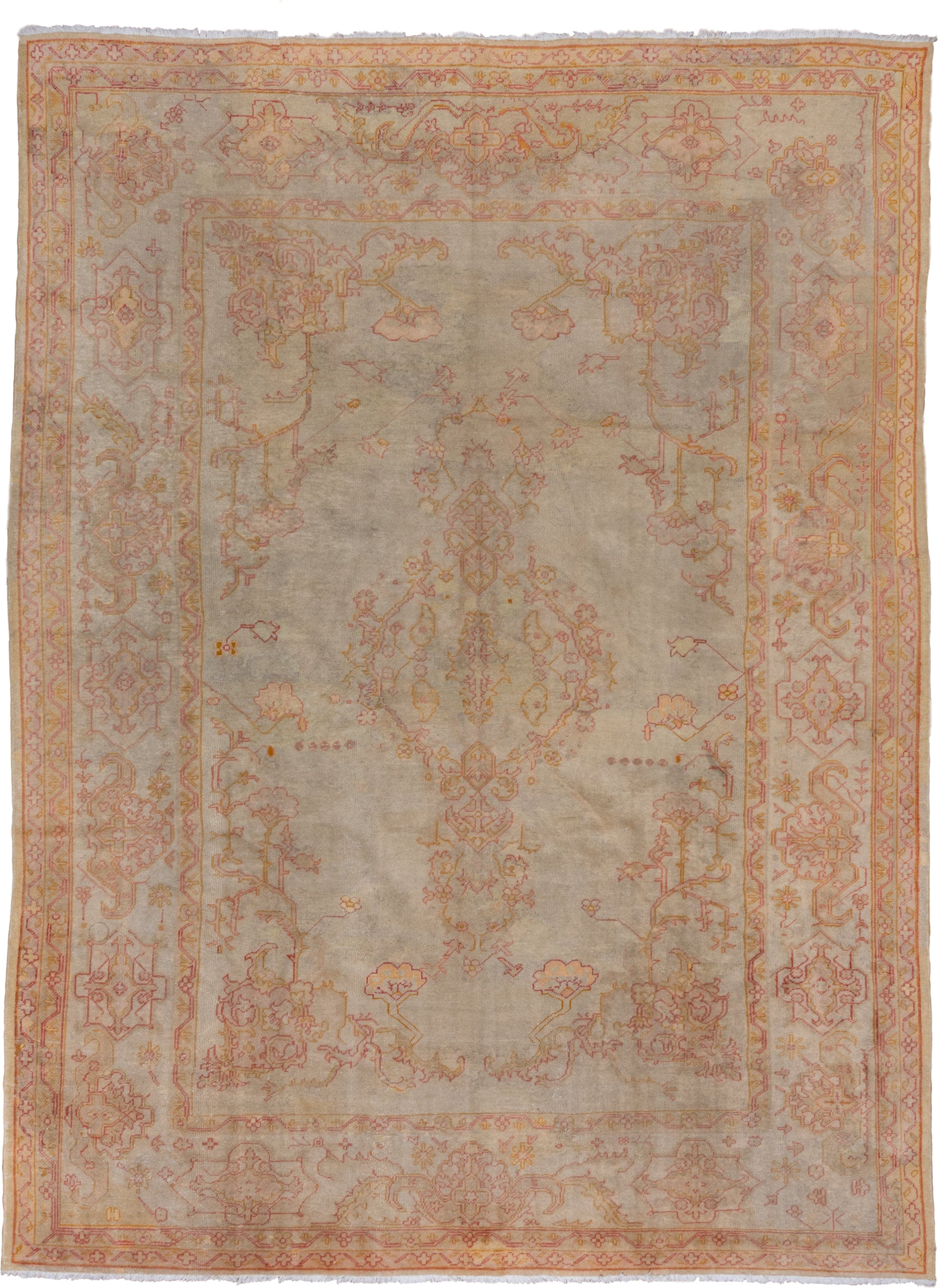 9' x 13' one-of-a-kind handmade antique Oushak large size rug. Color palette: ivory, blush, pale gold, beige, taupe, peach