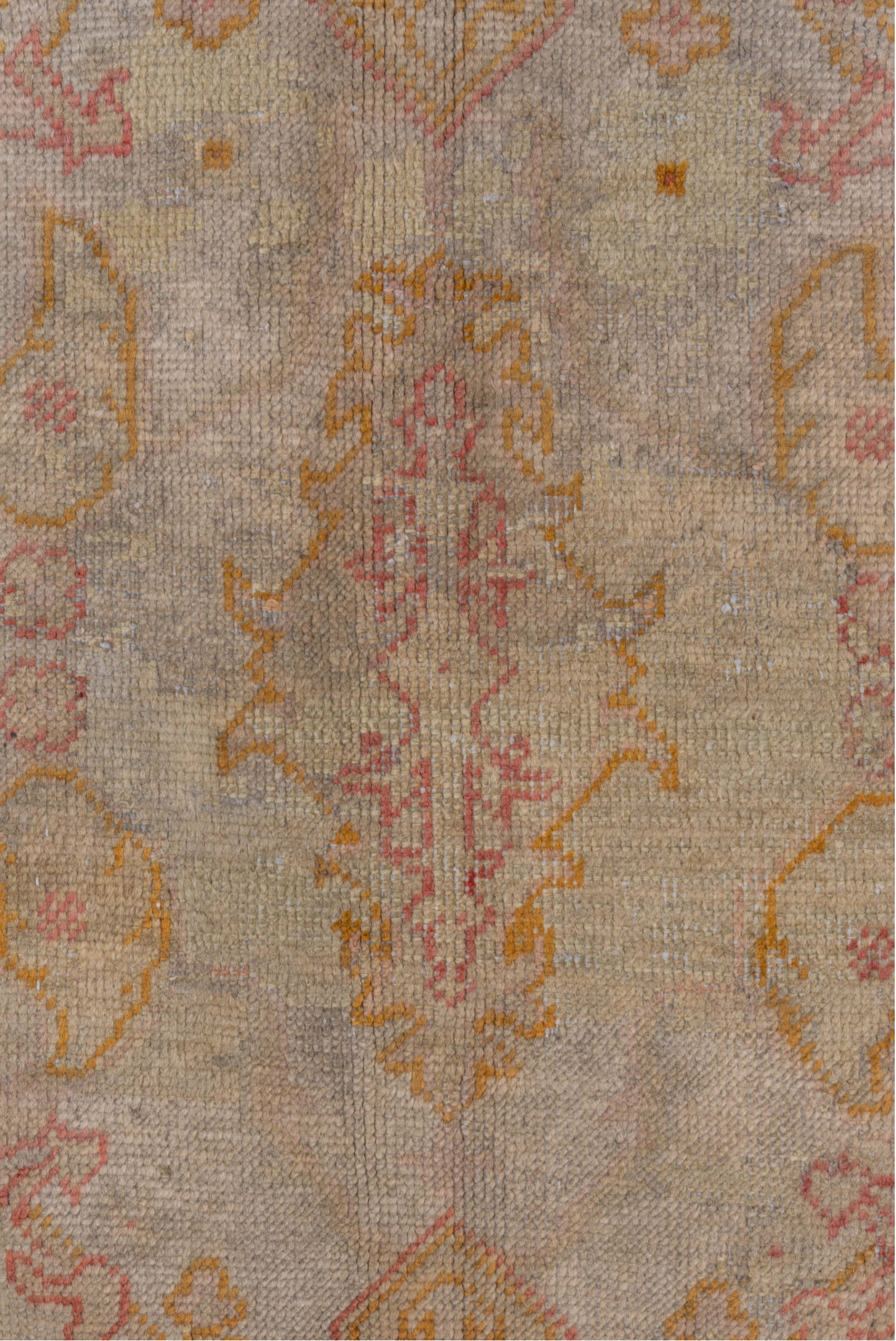 9' x 13' one-of-a-kind handmade antique Oushak large size rug. Color palette: ivory, blush, pale gold, beige, taupe, peach