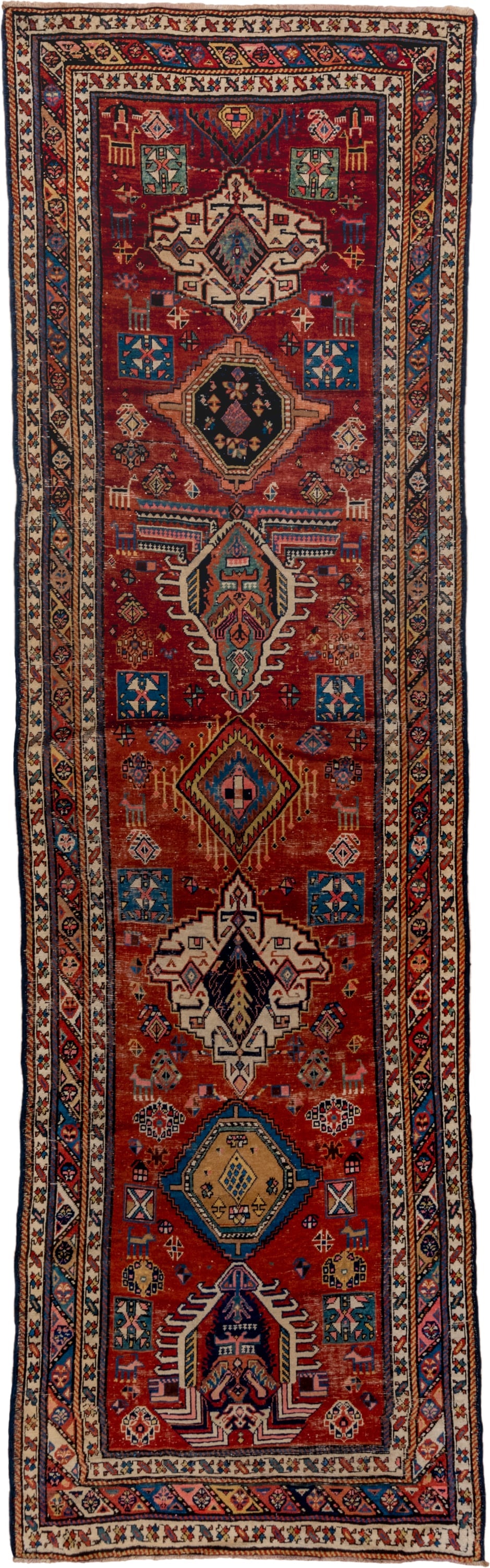 3' x 13' one-of-a-kind handmade antique NW Persian runner rug. Color palette: rust, ivory, indigo, sky blue, camel, crimson