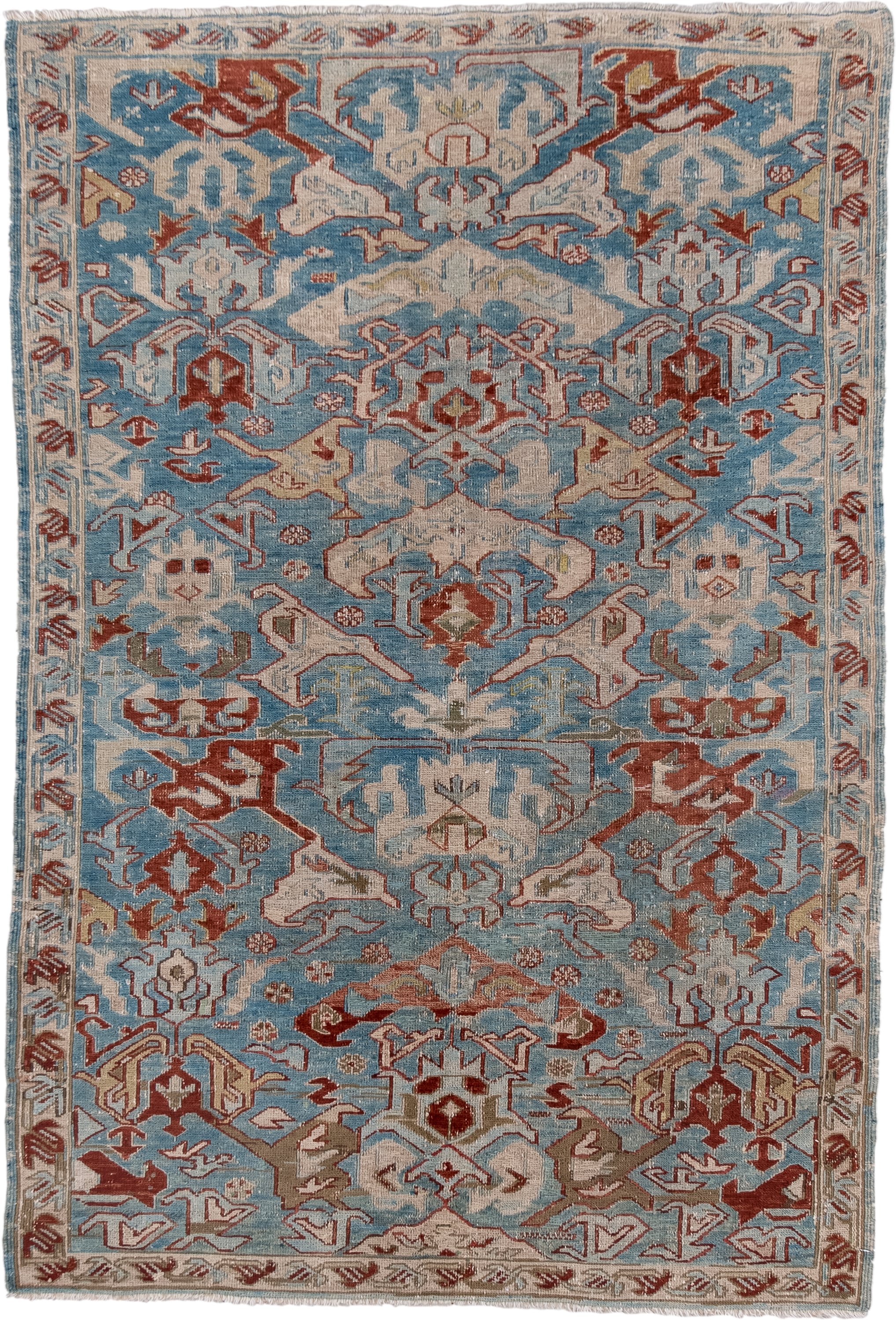 3' x 5' one-of-a-kind handmade antique Sumak small size rug. Color palette: sky blue, ivory, rust, taupe, slate, camel