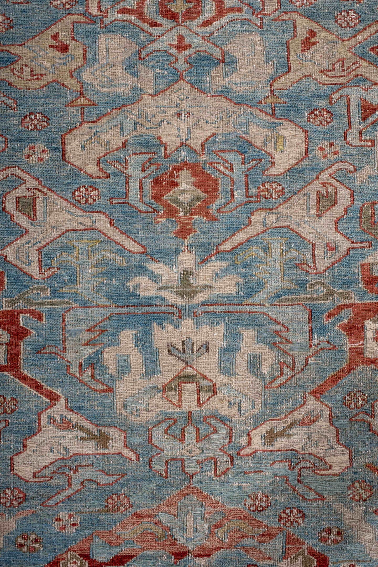 3' x 5' one-of-a-kind handmade antique Sumak small size rug. Color palette: sky blue, ivory, rust, taupe, slate, camel