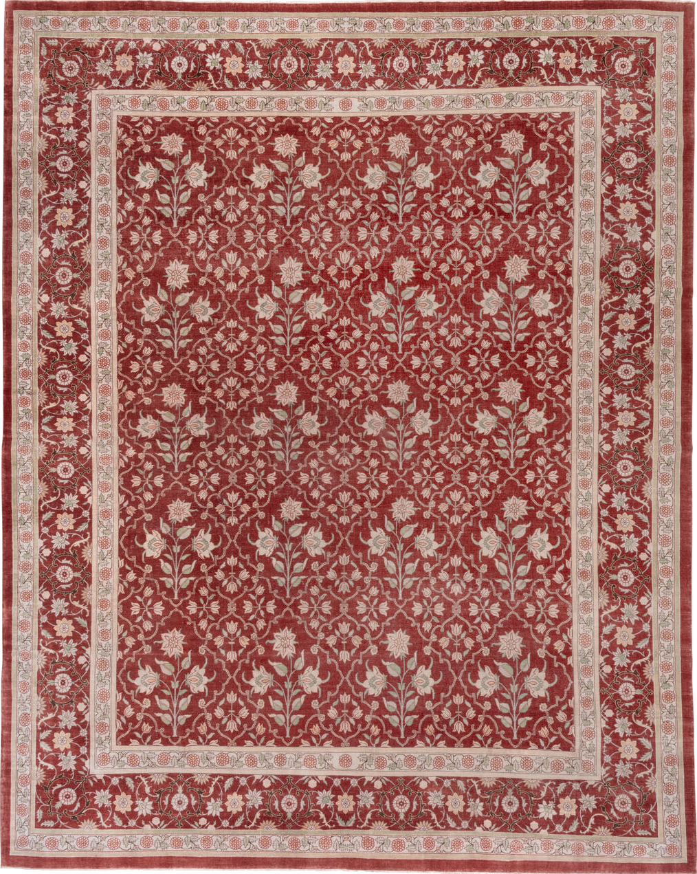 12' x 15' one-of-a-kind handmade vintage Agra oversize rug. Color palette: brown, gray, light gray, pink, red, redwood