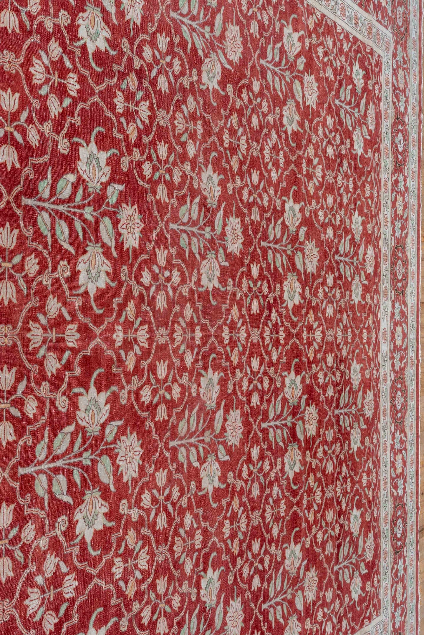 12' x 15' one-of-a-kind handmade antique Agra oversize rug. Color palette: red, ivory, rose, sage, taupe, pink, green, beige