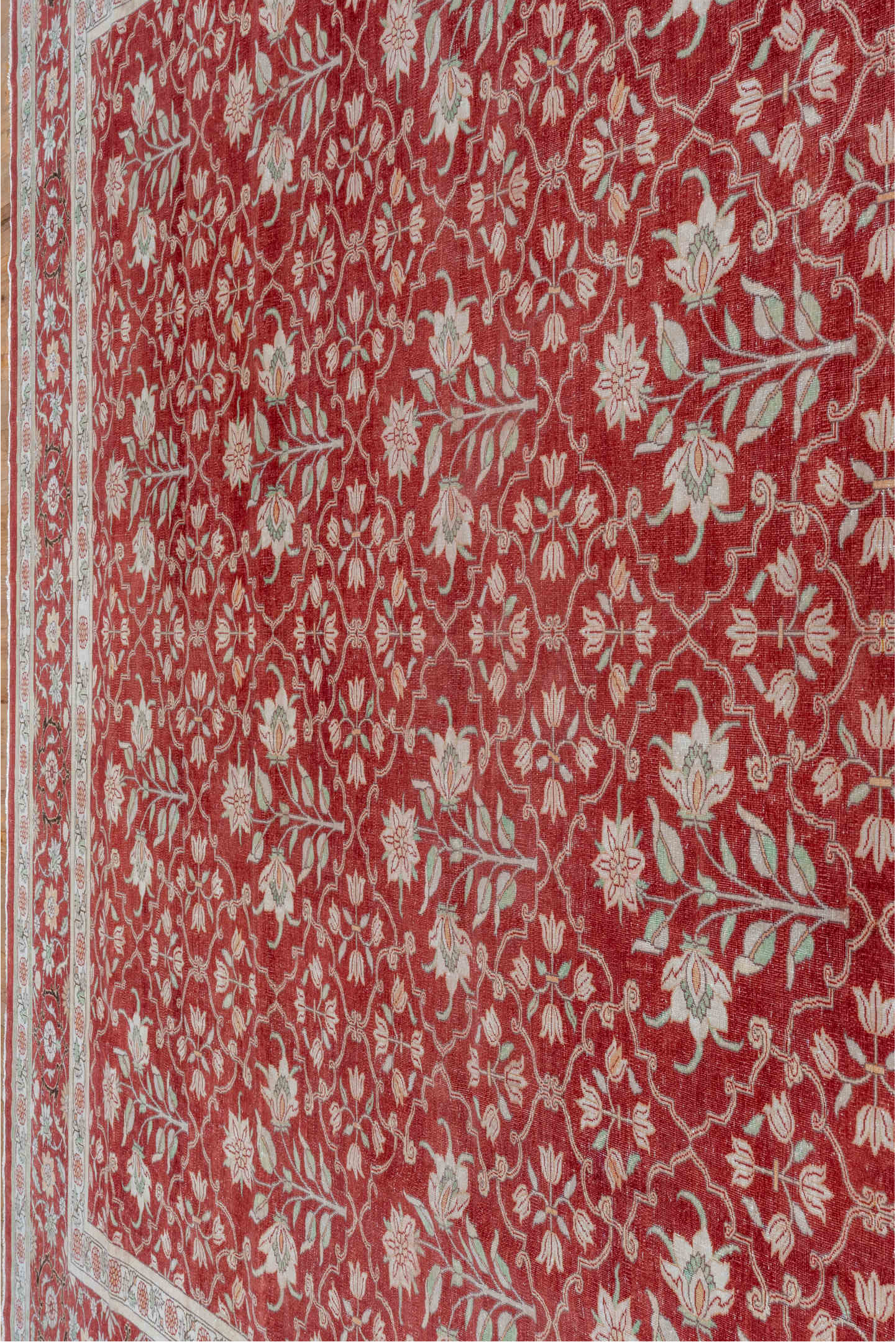 12' x 15' one-of-a-kind handmade vintage Agra oversize rug. Color palette: brown, gray, light gray, pink, red, redwood