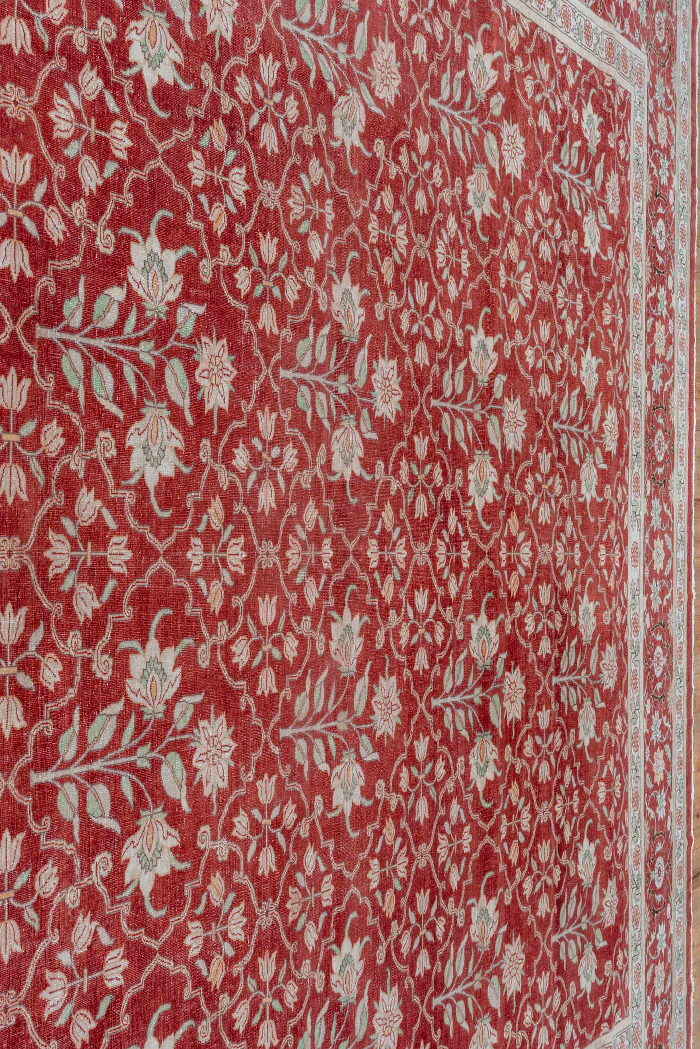 12' x 15' one-of-a-kind handmade antique Agra oversize rug. Color palette: red, ivory, rose, sage, taupe, pink, green, beige