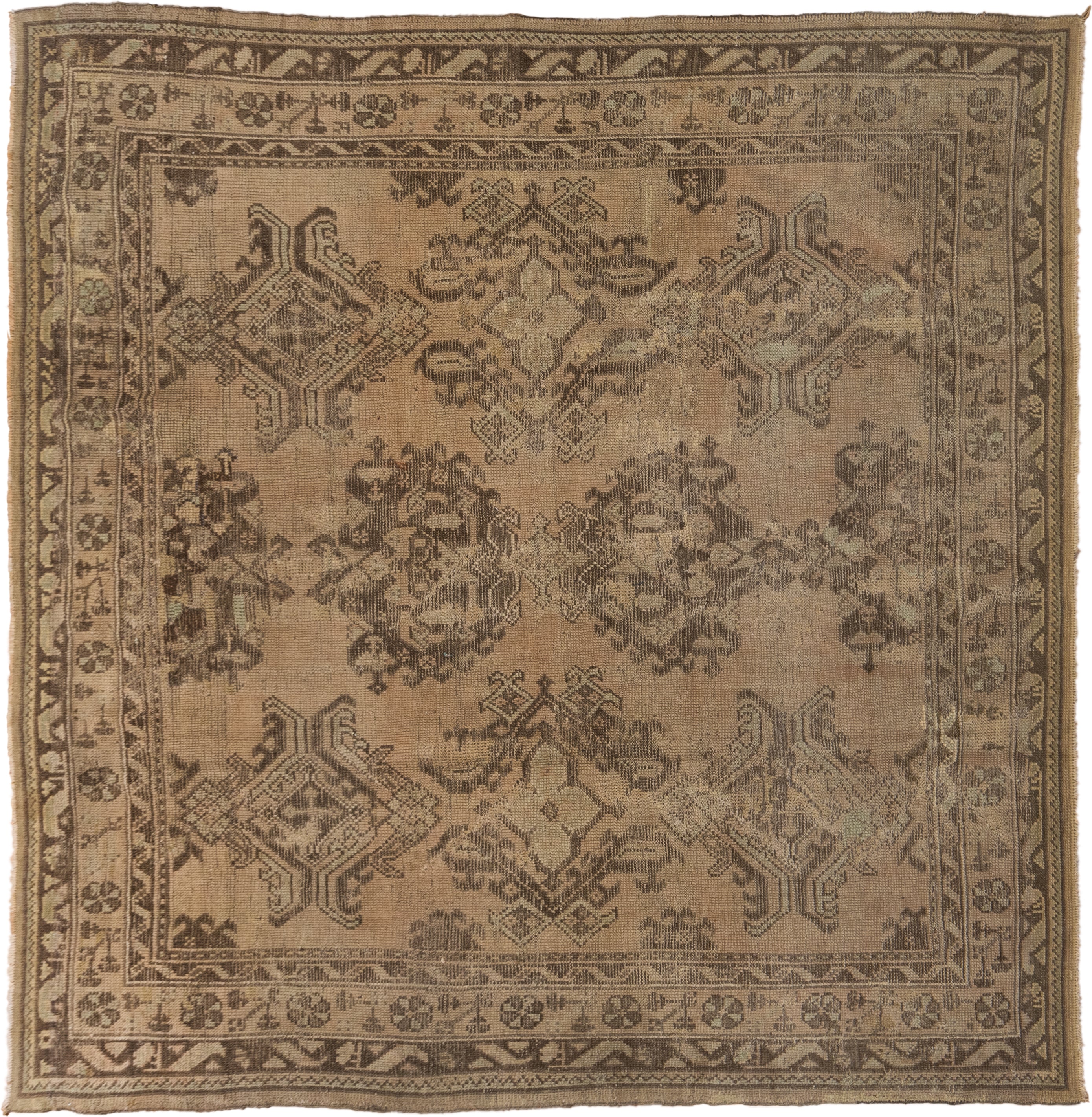 8' x 8' one-of-a-kind handmade antique Oushak rug. Color palette: taupe, brown, camel, ivory, sage, beige, gray, green