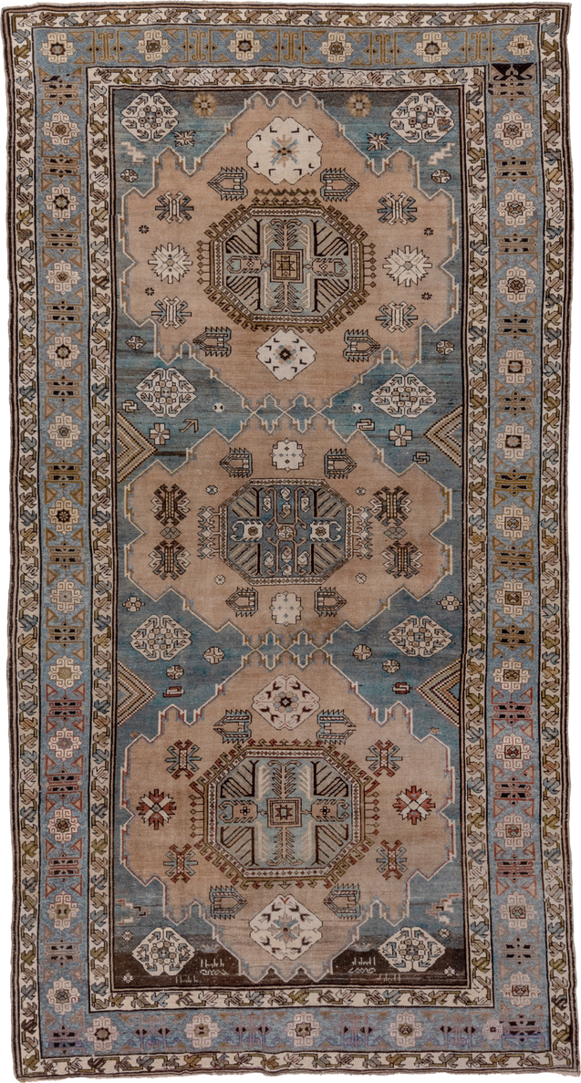 6' x 12' one-of-a-kind handmade vintage Caucasian large size rug. Color palette: black, blue, brown, dim gray, gray