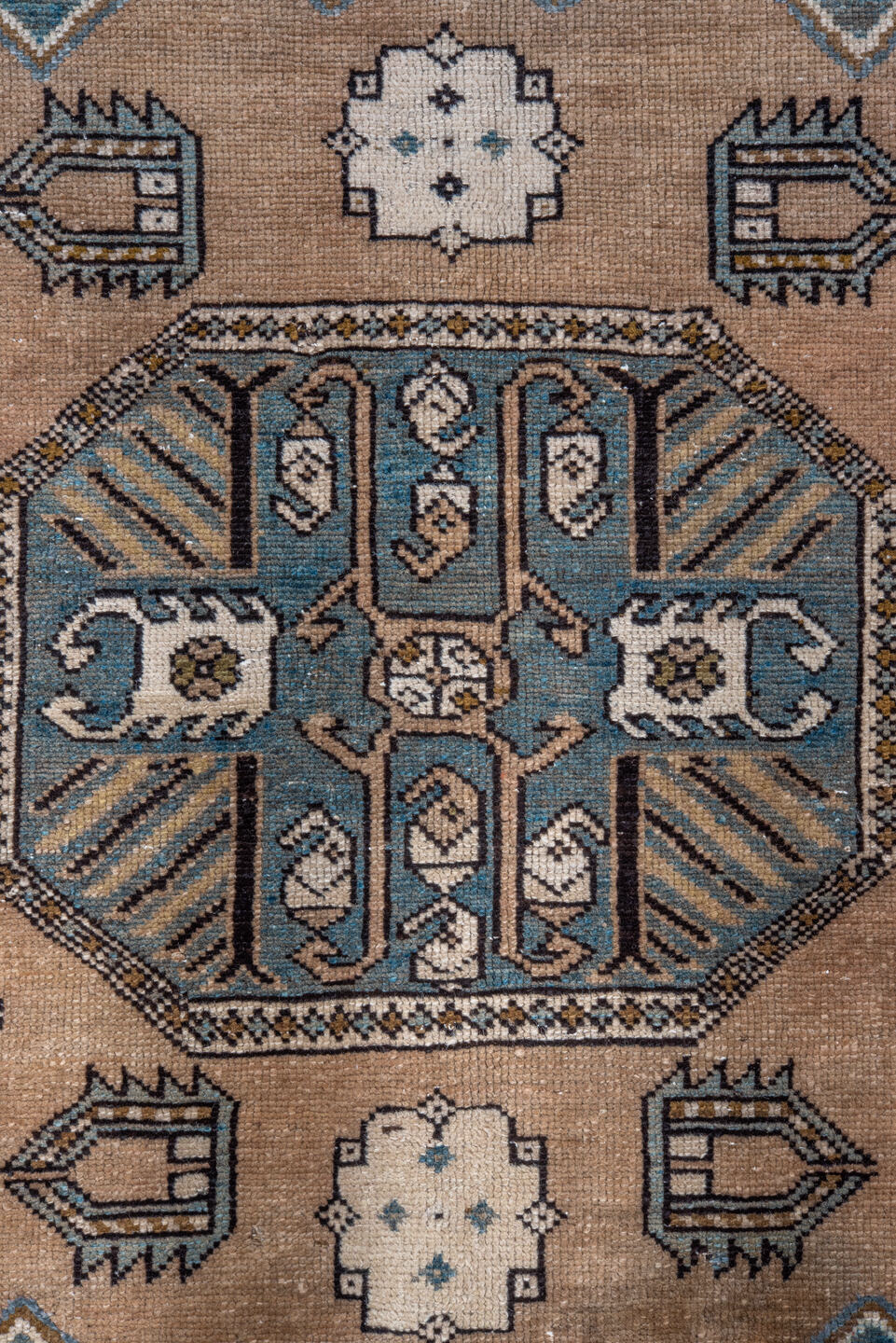 6' x 12' one-of-a-kind handmade vintage Caucasian large size rug. Color palette: black, blue, brown, dim gray, gray