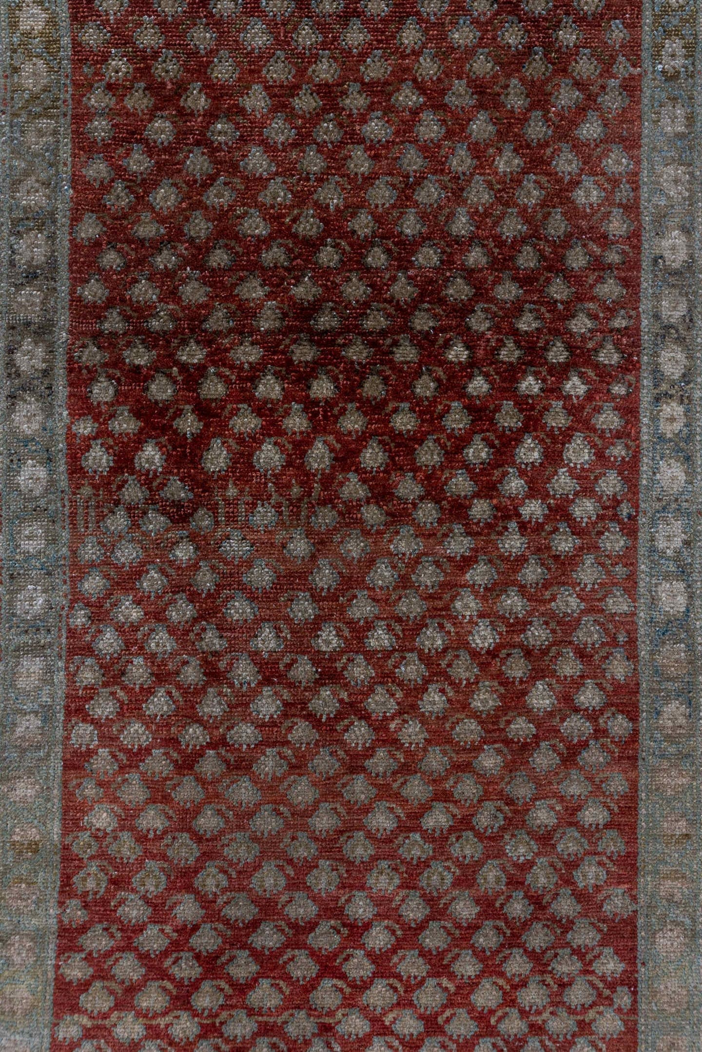 3' x 10' one-of-a-kind handmade vintage Saraband runner rug. Color palette: rust, taupe, ivory, brown, rose, sage