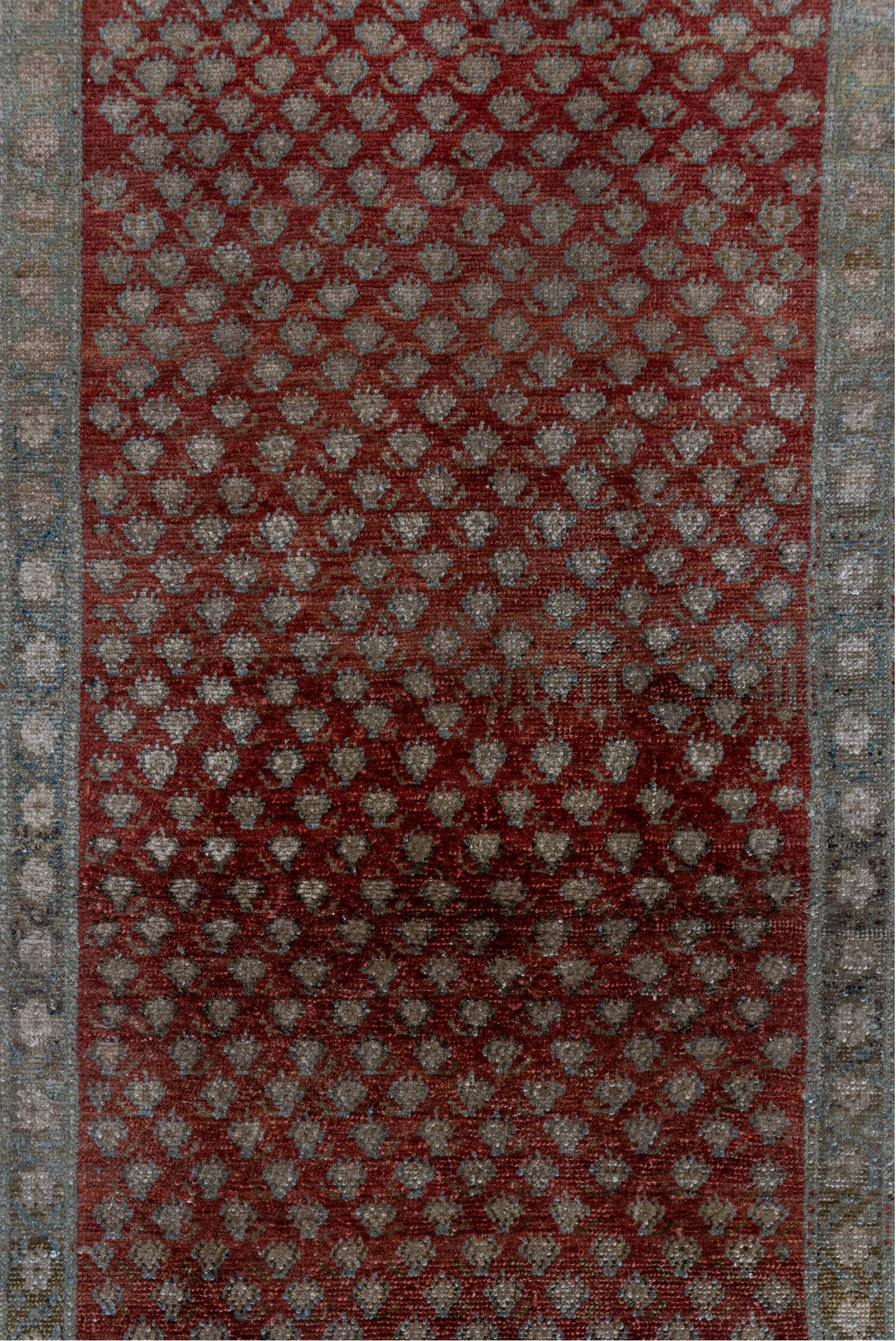 3' x 10' one-of-a-kind handmade vintage Saraband runner rug. Color palette: rust, taupe, ivory, brown, rose, sage