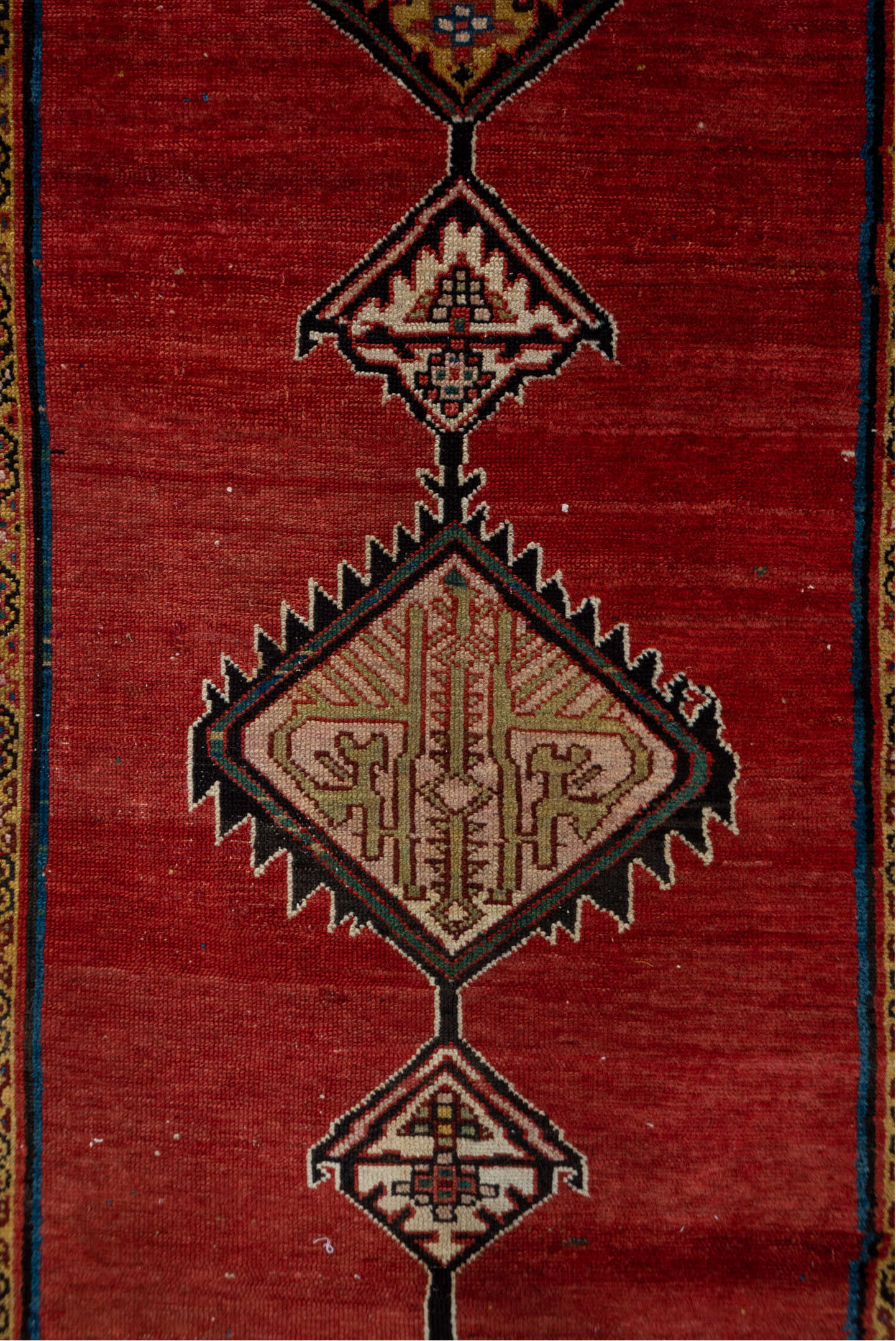 3' x 12' one-of-a-kind handmade antique Malayer runner rug. Color palette: rust, red, ivory, camel, indigo, navy, brown