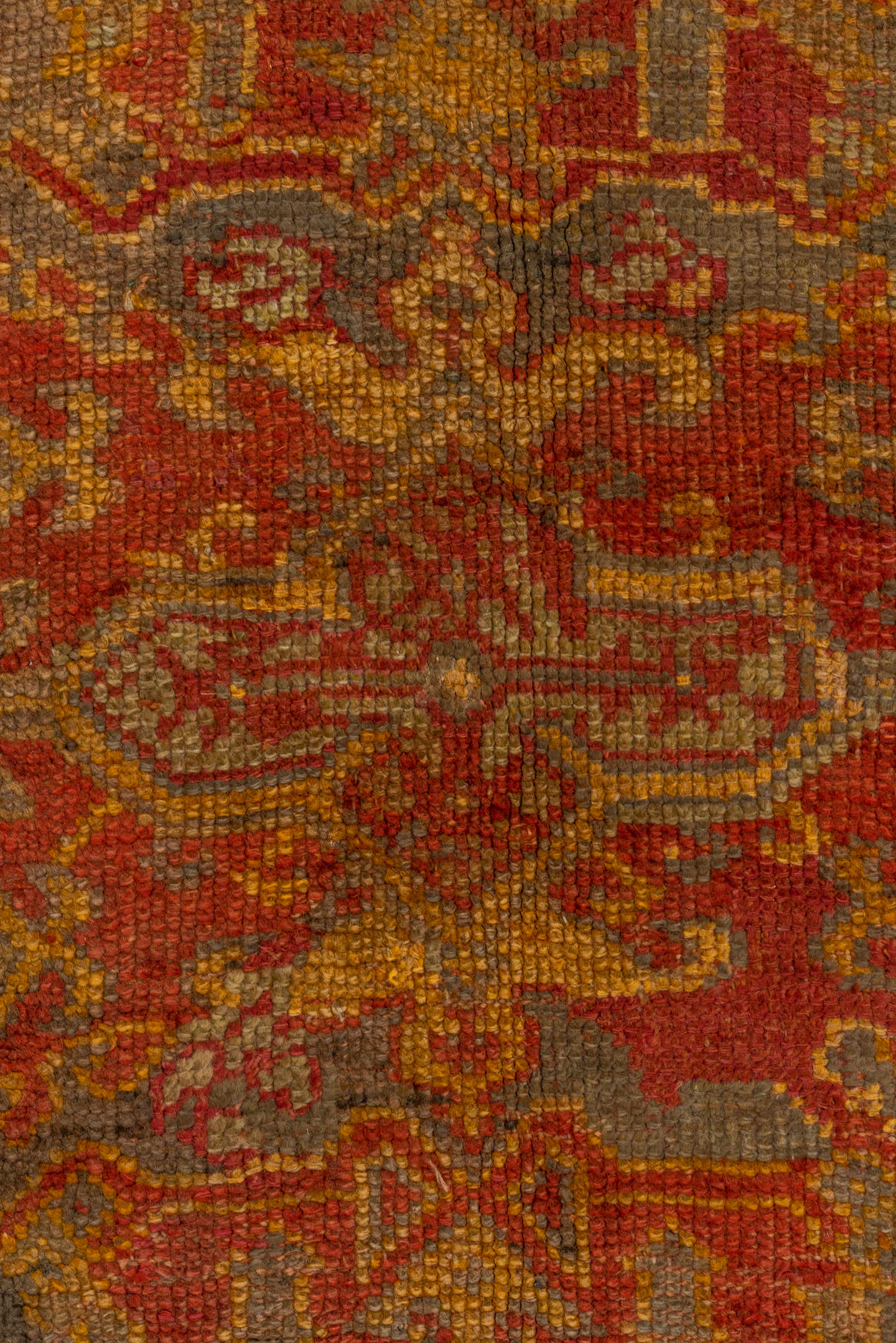 10' x 15' one-of-a-kind handmade antique Oushak rug. Color palette: rust, gold, terra cotta, slate, camel, sienna