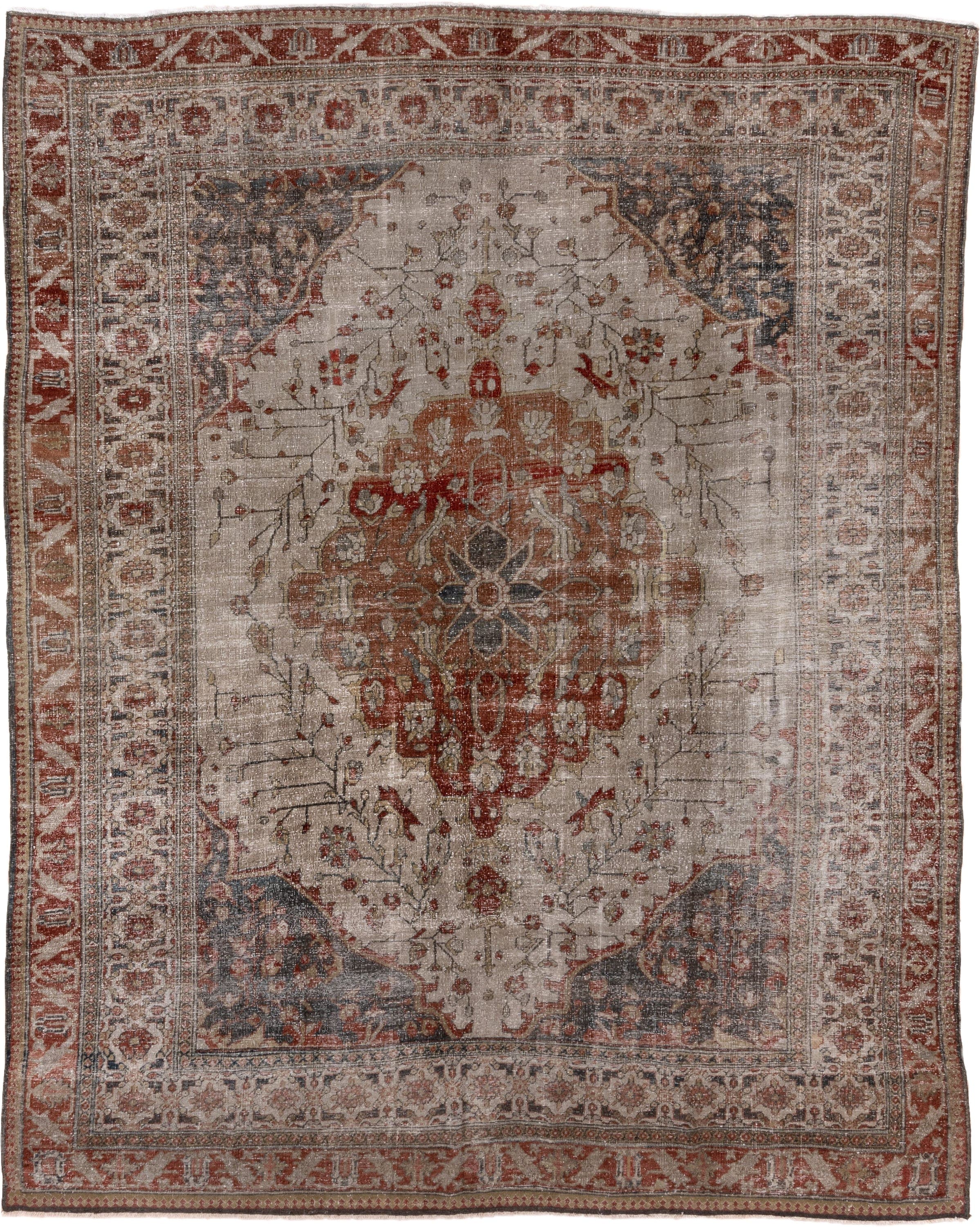 9' x 12' one-of-a-kind handmade antique Mahal large size rug. Color palette: ivory, rust, terra cotta, slate, charcoal