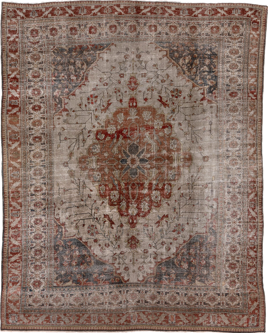 9' x 12' one-of-a-kind handmade vintage Mahal large size rug. Color palette: brown, gray, light gray, pink, red