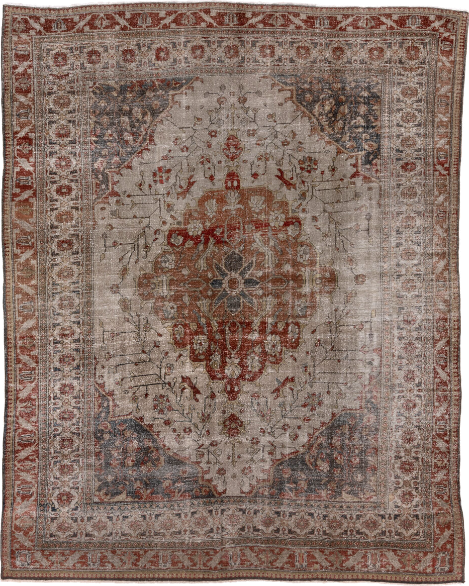 9' x 12' one-of-a-kind handmade antique Mahal large size rug. Color palette: ivory, rust, terra cotta, slate, charcoal