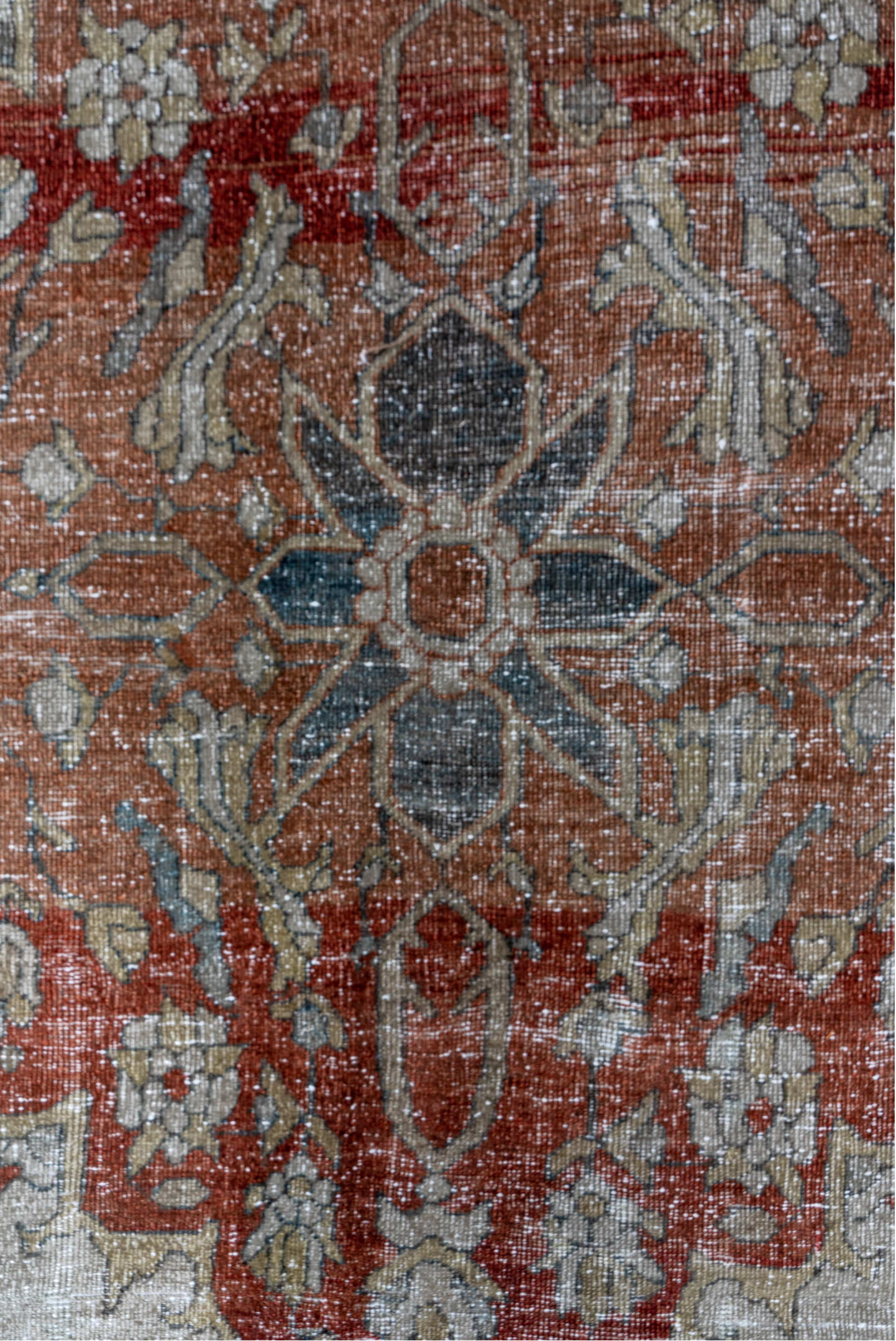 9' x 12' one-of-a-kind handmade vintage Mahal large size rug. Color palette: brown, gray, light gray, pink, red