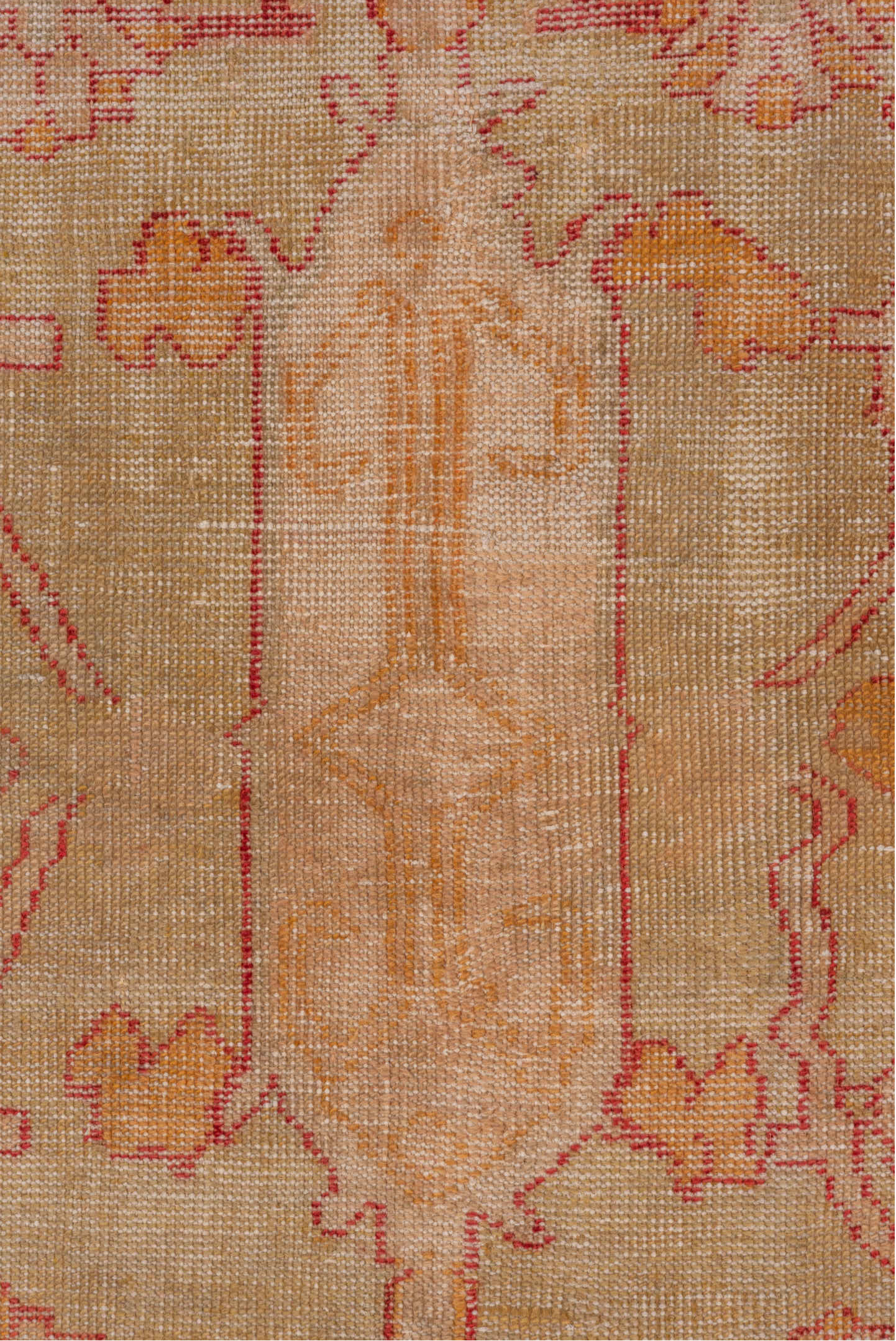 10' x 15' one-of-a-kind handmade antique Oushak rug. Color palette: rose, ivory, coral, gold, beige, saffron, pink, red