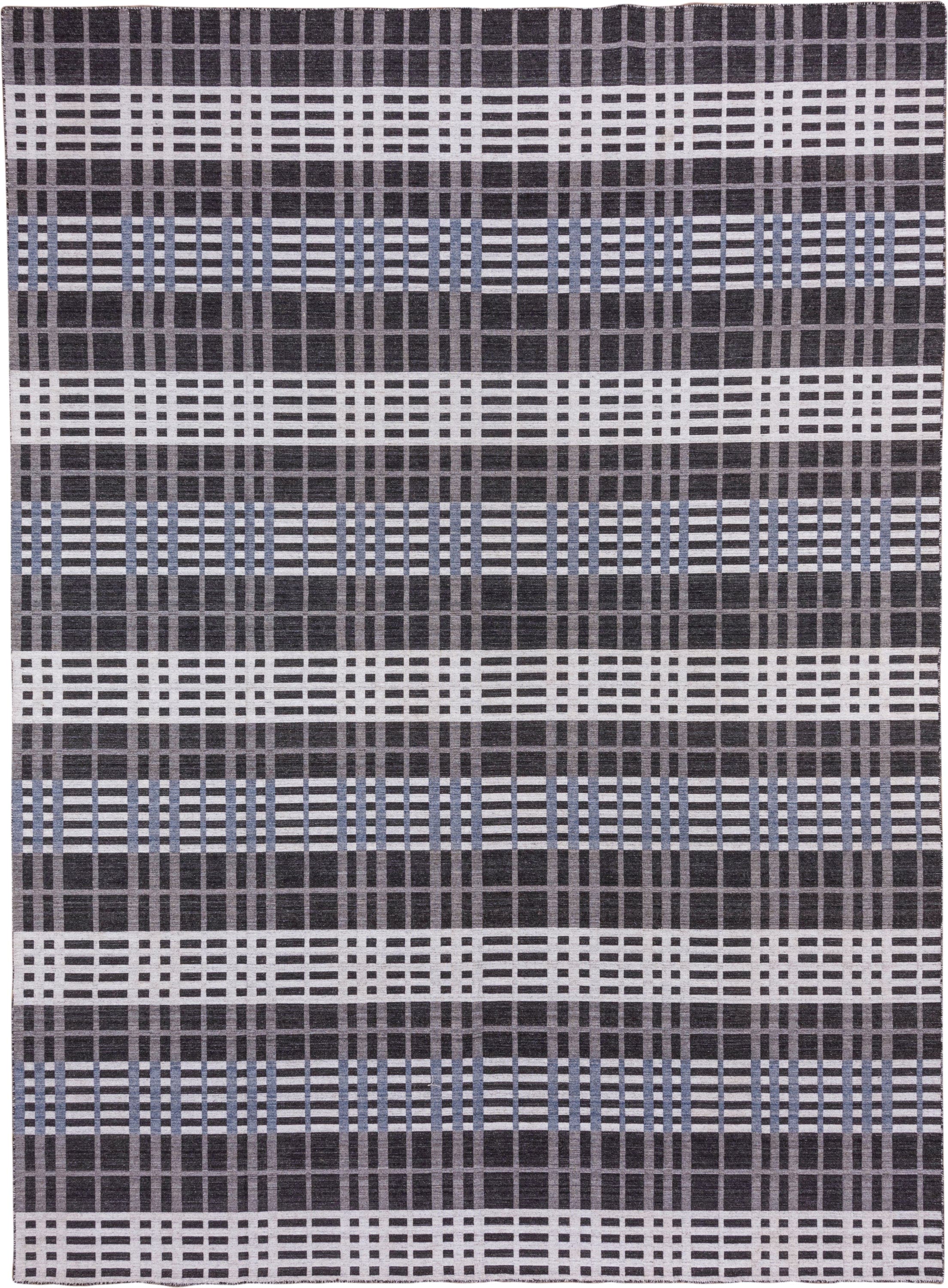 10' x 14' one-of-a-kind handmade vintage Kilim large size rug. Color palette: charcoal, ivory, gray, slate, blue, black