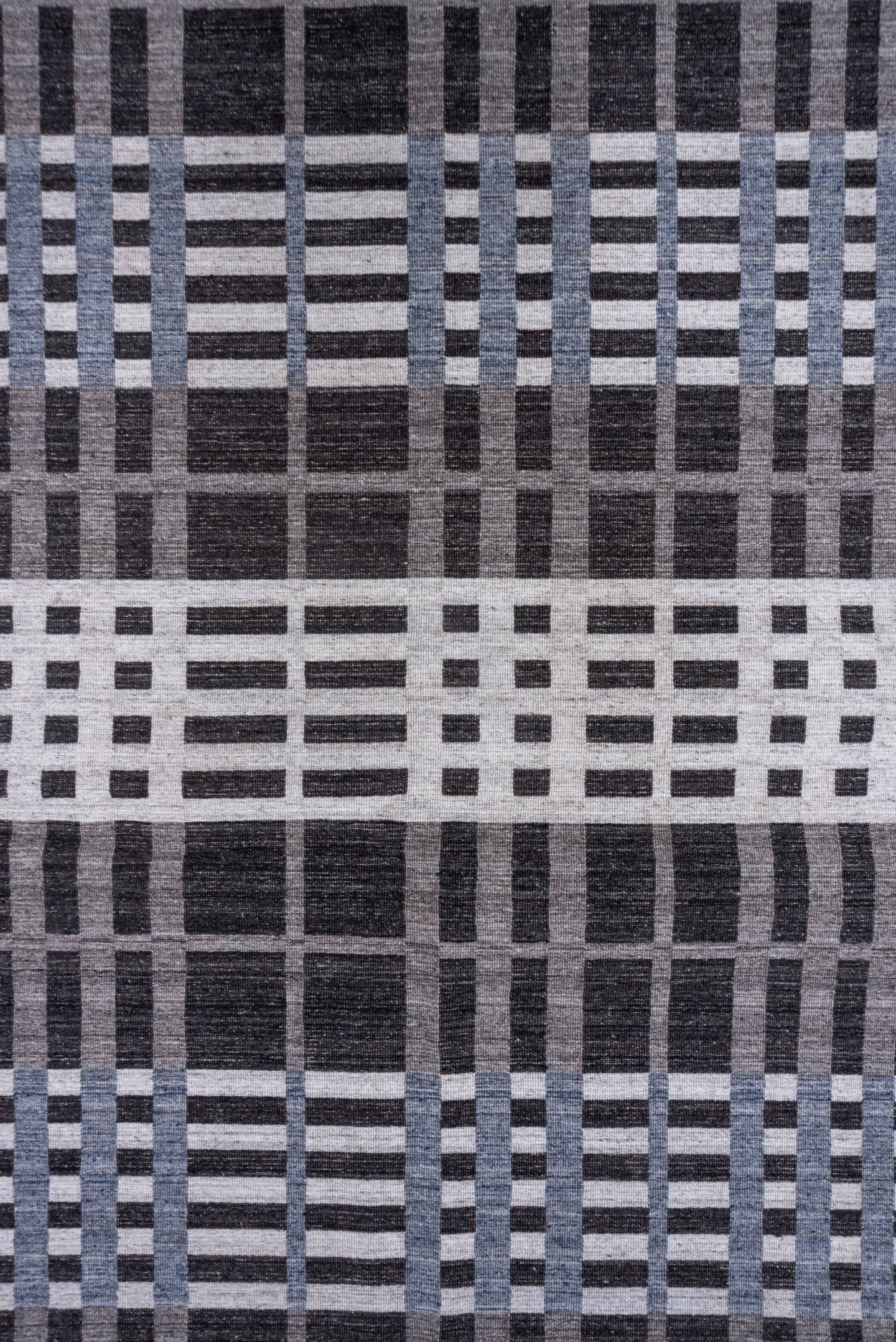 10' x 14' one-of-a-kind handmade vintage Kilim large size rug. Color palette: charcoal, ivory, gray, slate, blue, black