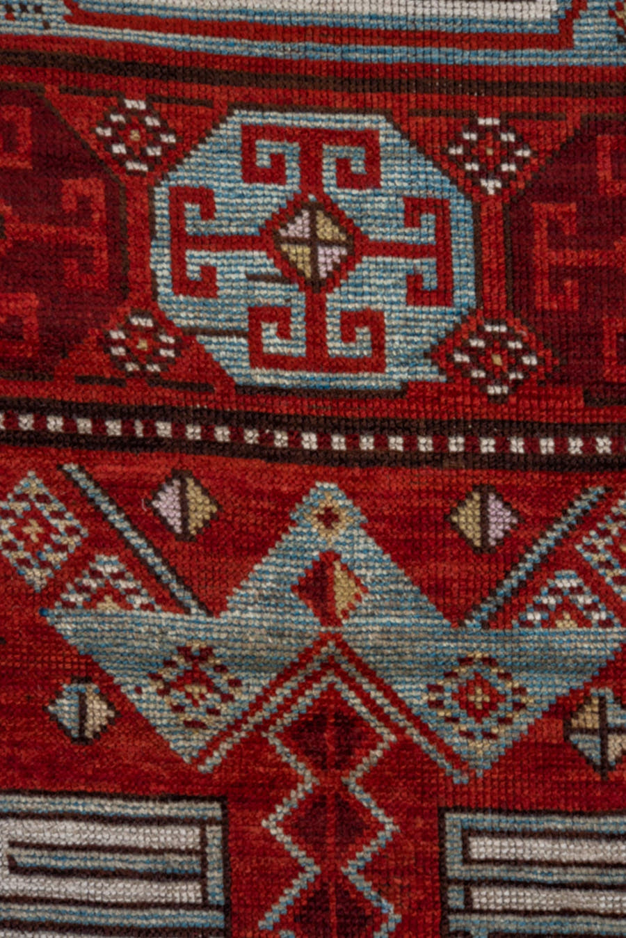 3' x 13' one-of-a-kind handmade antique Anatolian runner rug. Color palette: rust, pale blue, ivory, brick, brown, charcoal