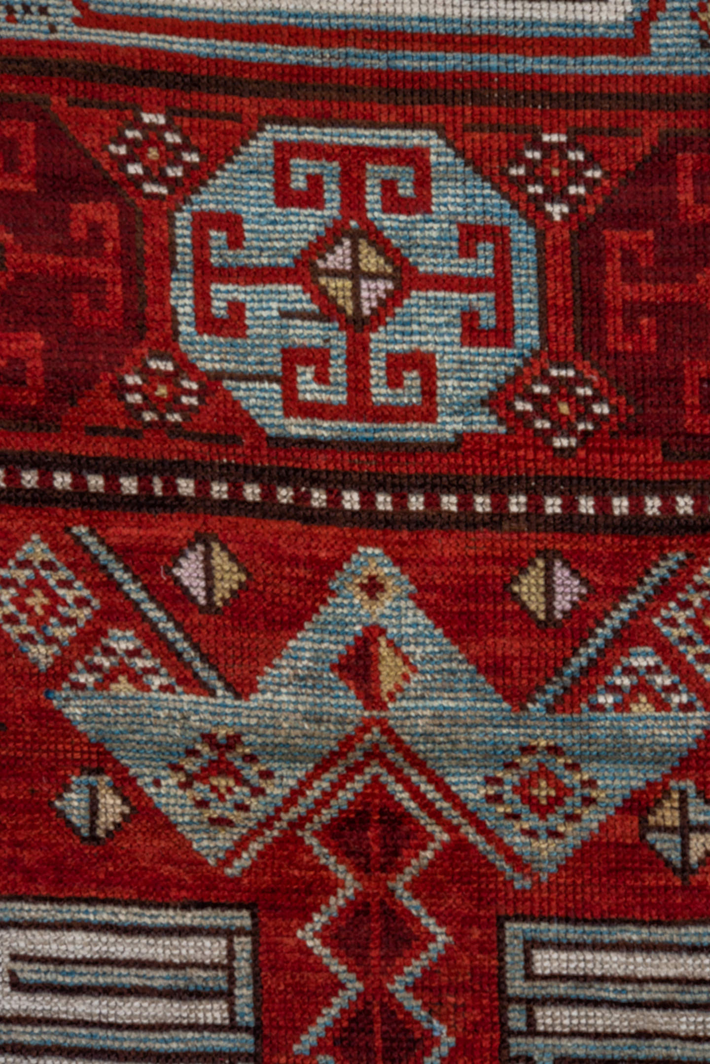 3' x 13' one-of-a-kind handmade antique Anatolian runner rug. Color palette: rust, pale blue, ivory, brick, brown, charcoal