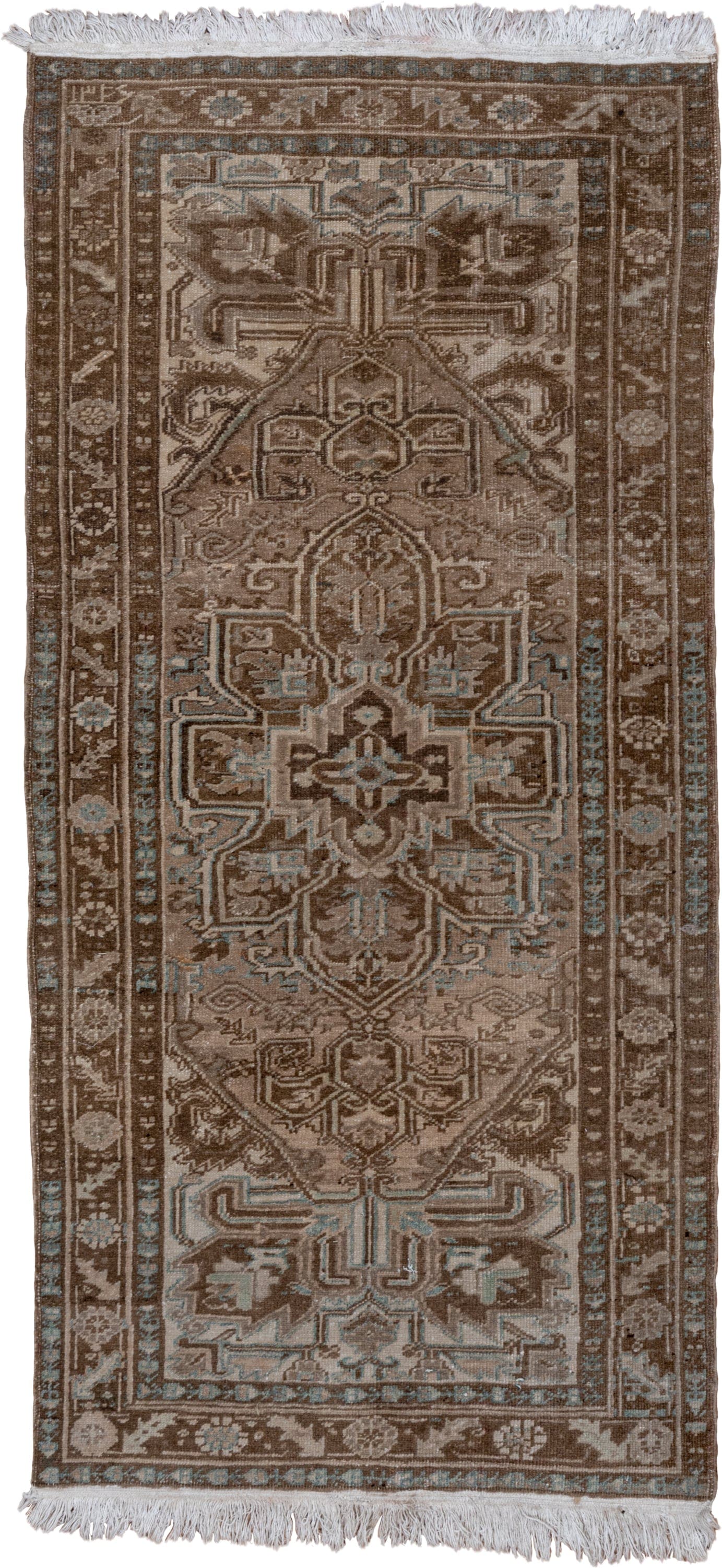 3' x 7' one-of-a-kind handmade antique Heriz runner rug. Color palette: brown, taupe, ivory, pale_blue, camel, beige, gray