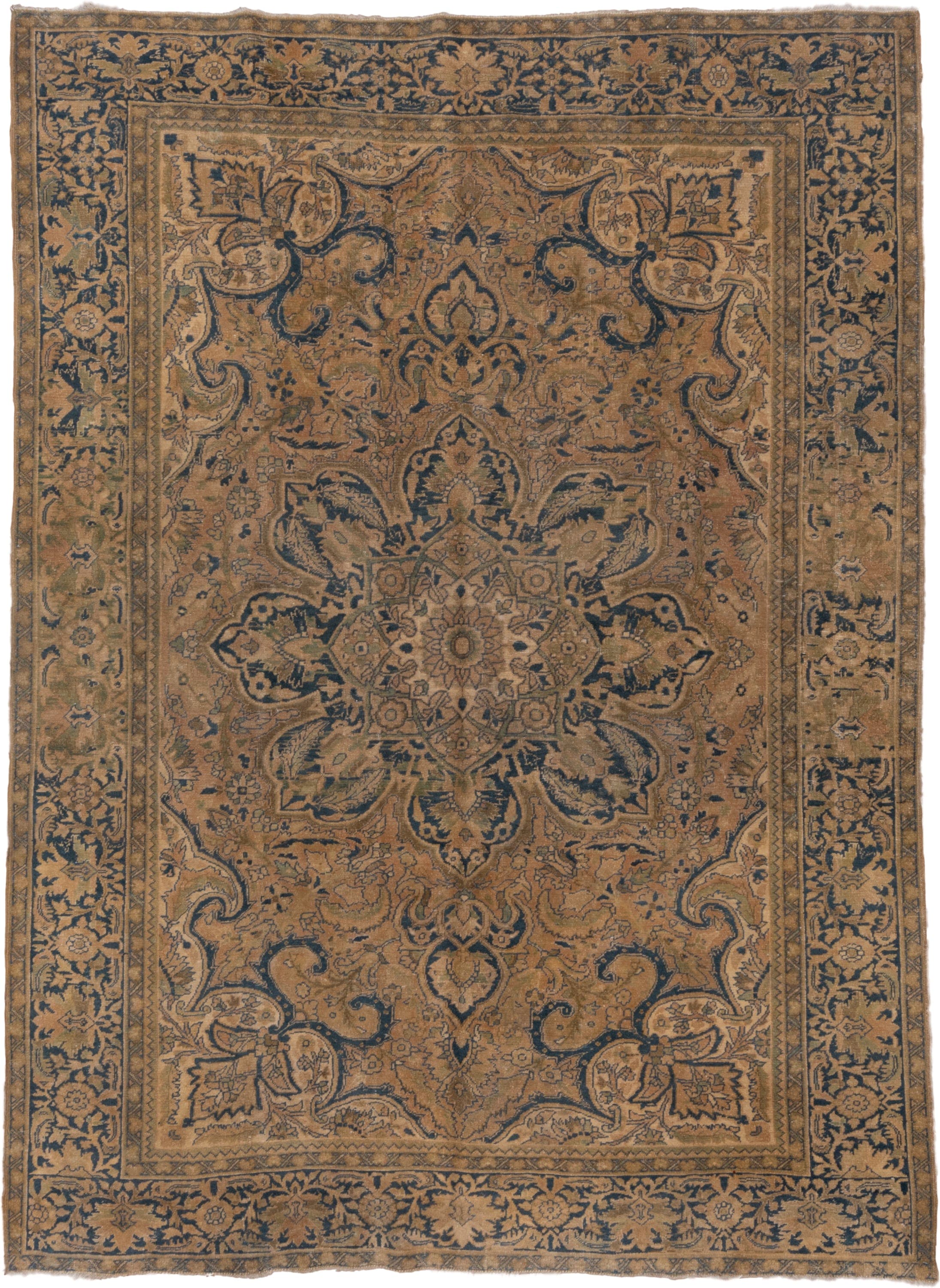 8' x 11' one-of-a-kind handmade antique Heriz large size rug. Color palette: camel, navy, taupe, beige, brown, ivory, blue