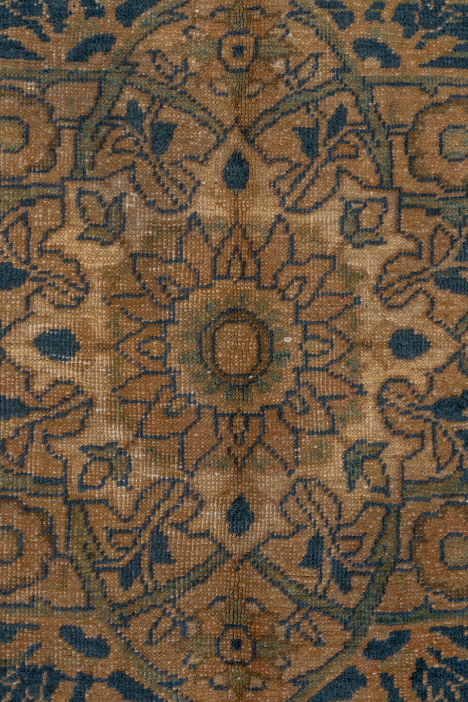 8' x 11' one-of-a-kind handmade antique Heriz large size rug. Color palette: camel, navy, taupe, beige, brown, ivory, blue