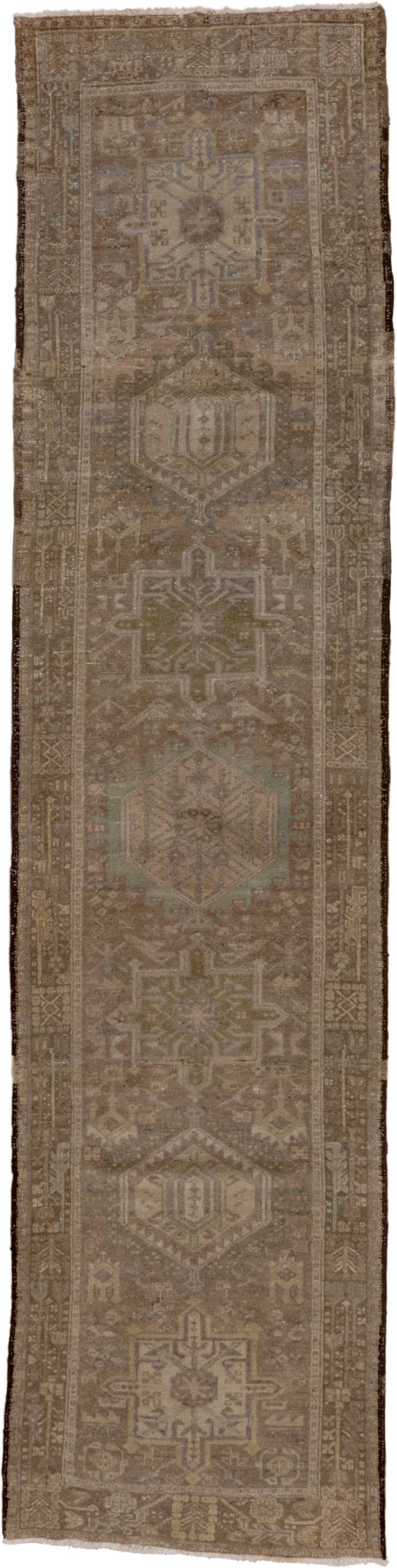 3' x 12' one-of-a-kind handmade antique Karaje runner rug. Color palette: taupe, brown, camel, sage, ivory, olive, charcoal