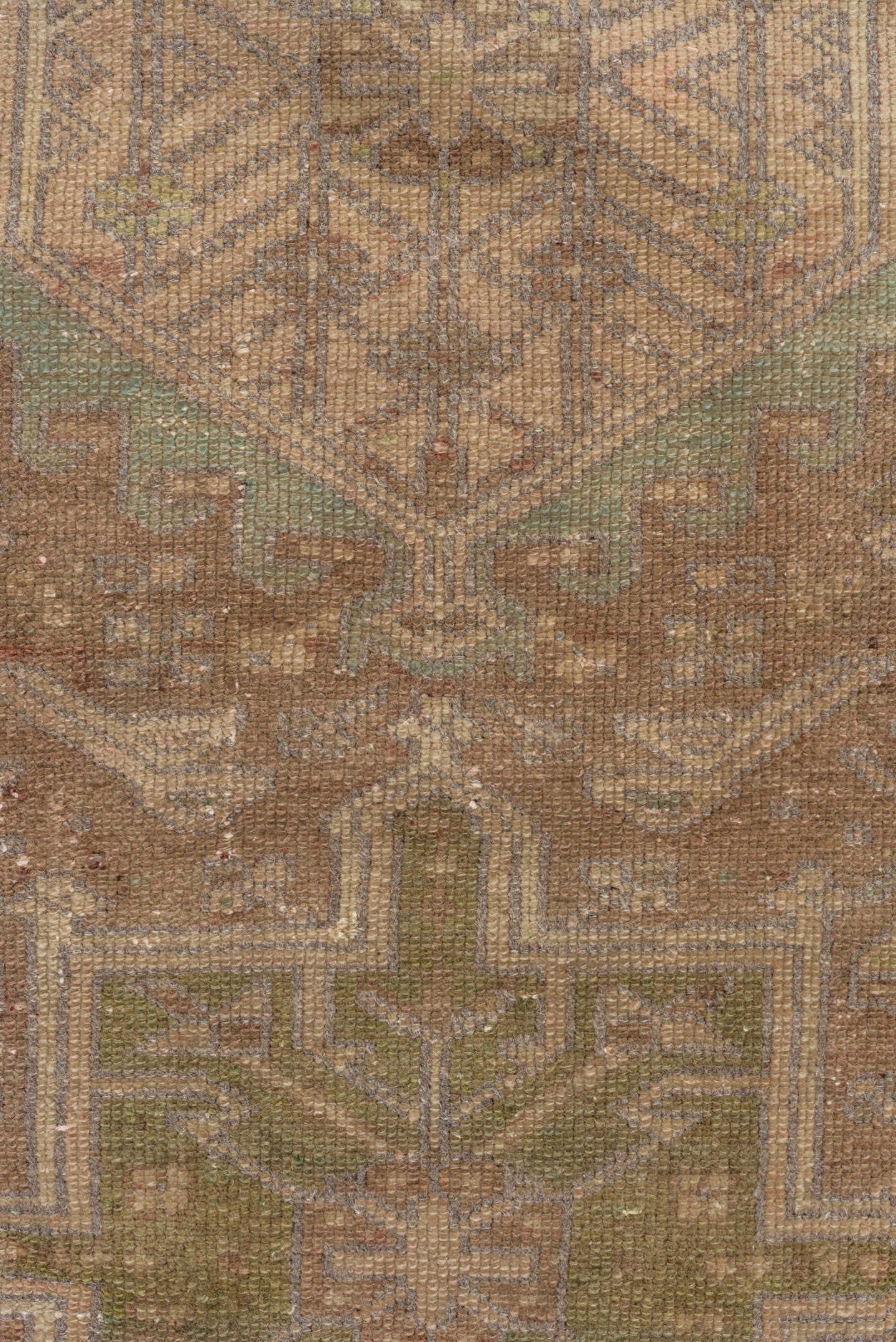 3' x 12' one-of-a-kind handmade antique Karaje runner rug. Color palette: taupe, brown, camel, sage, ivory, olive, charcoal
