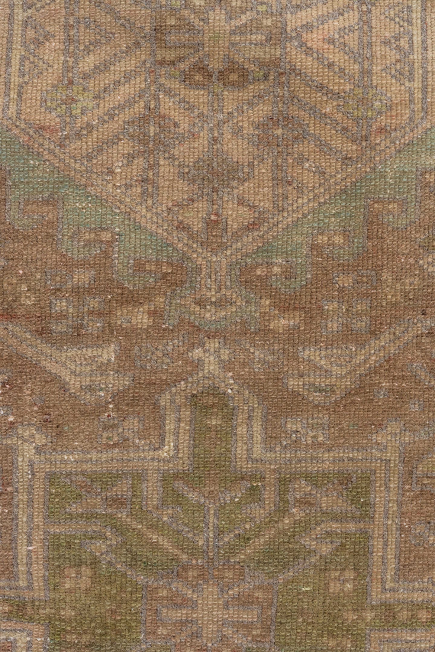 3' x 12' one-of-a-kind handmade antique Karaje runner rug. Color palette: taupe, brown, camel, sage, ivory, olive, charcoal
