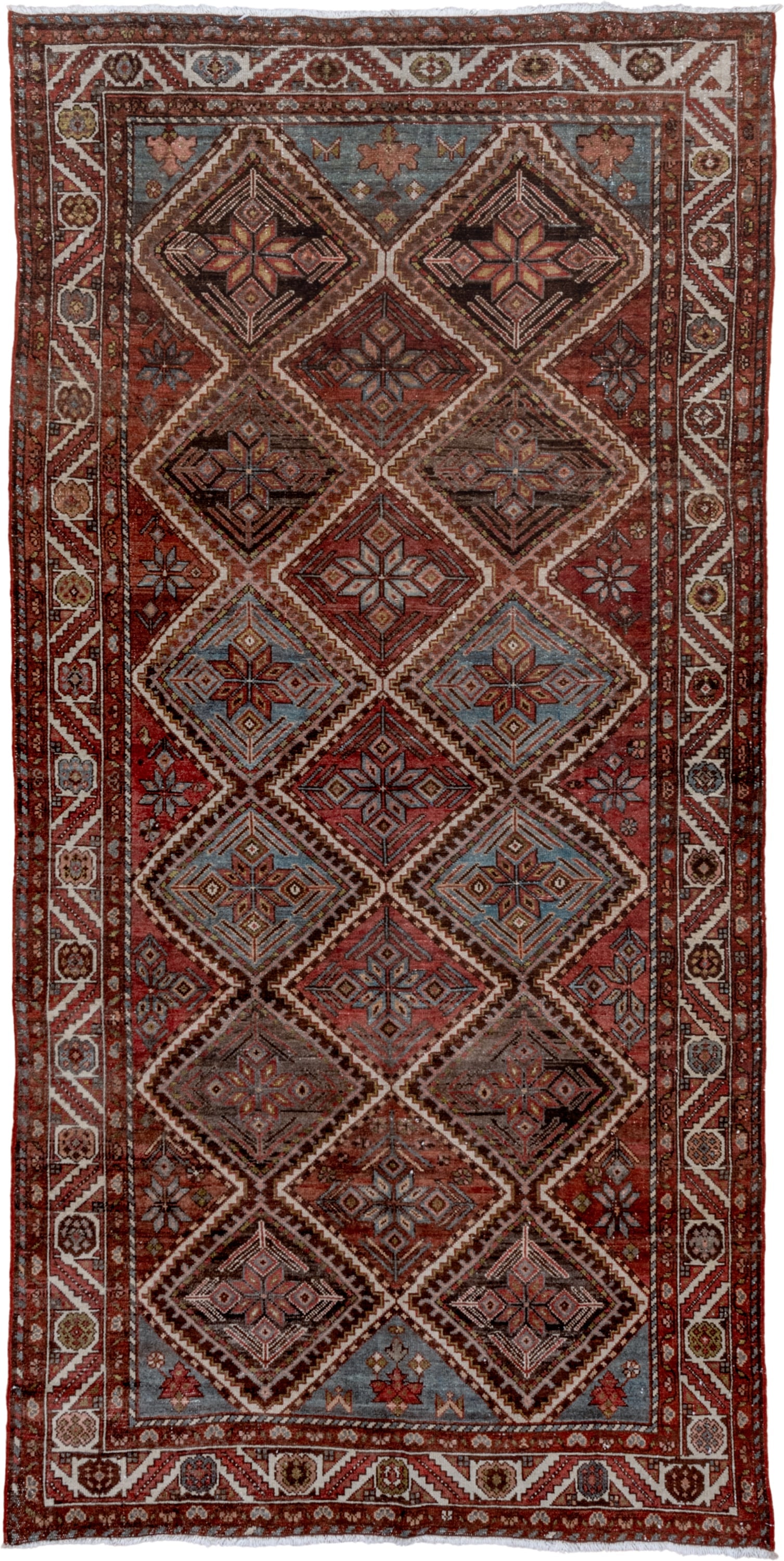 5' x 10' one-of-a-kind handmade antique Baktiary medium size rug. Color palette: rust, ivory, sky blue, brown, burgundy