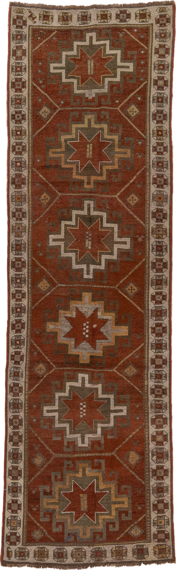 3' x 9' one-of-a-kind handmade vintage Caucasian runner rug. Color palette: brown, off-white, snow, white, whitesmoke