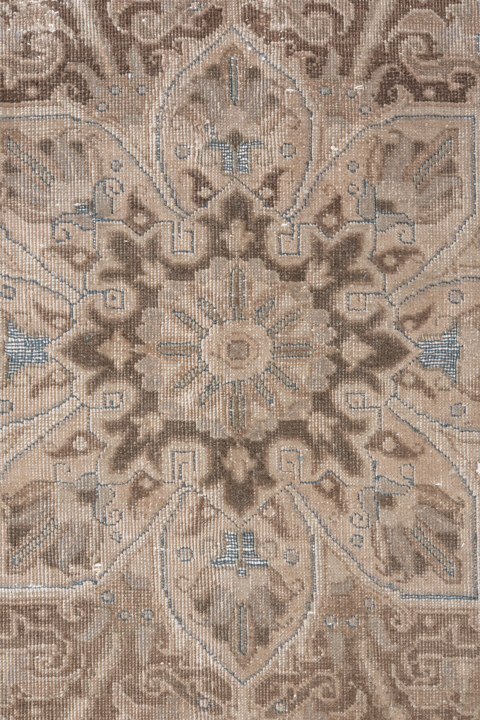 7' x 10' one-of-a-kind handmade vintage Heriz large size rug. Color palette: taupe, ivory, brown, beige, camel, pale blue