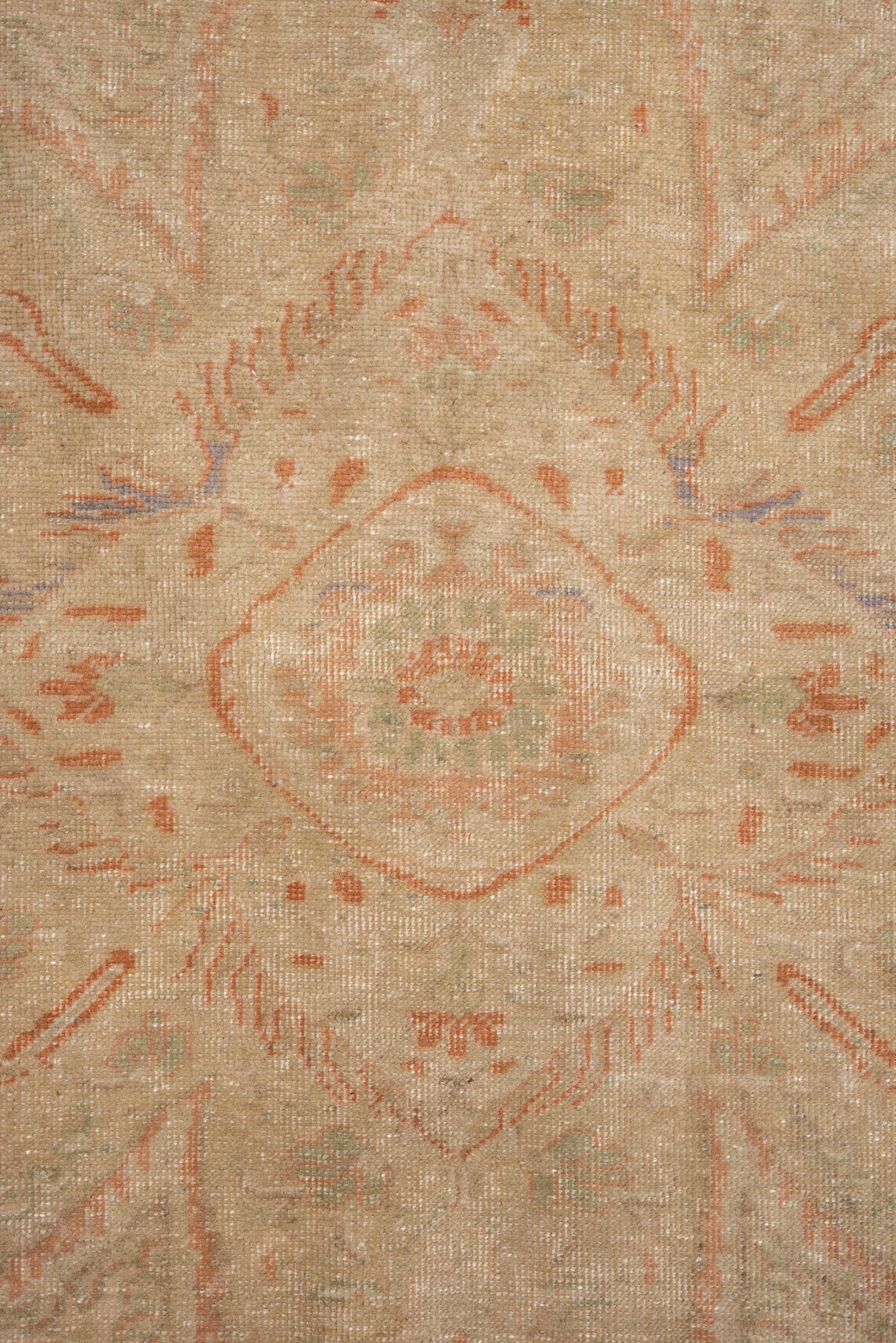 6' x 9' one-of-a-kind handmade antique Kaisary medium size rug. Color palette: ivory, blush, sand, taupe, sage, peach, pink