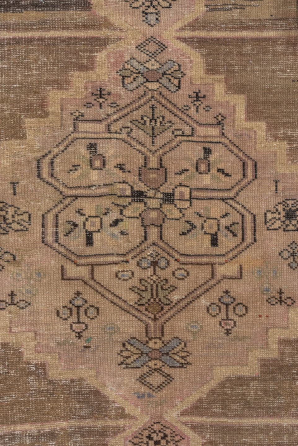 3' x 7' one-of-a-kind handmade antique Caucasian runner rug. Color palette: taupe, ivory, charcoal, blush, brown, camel