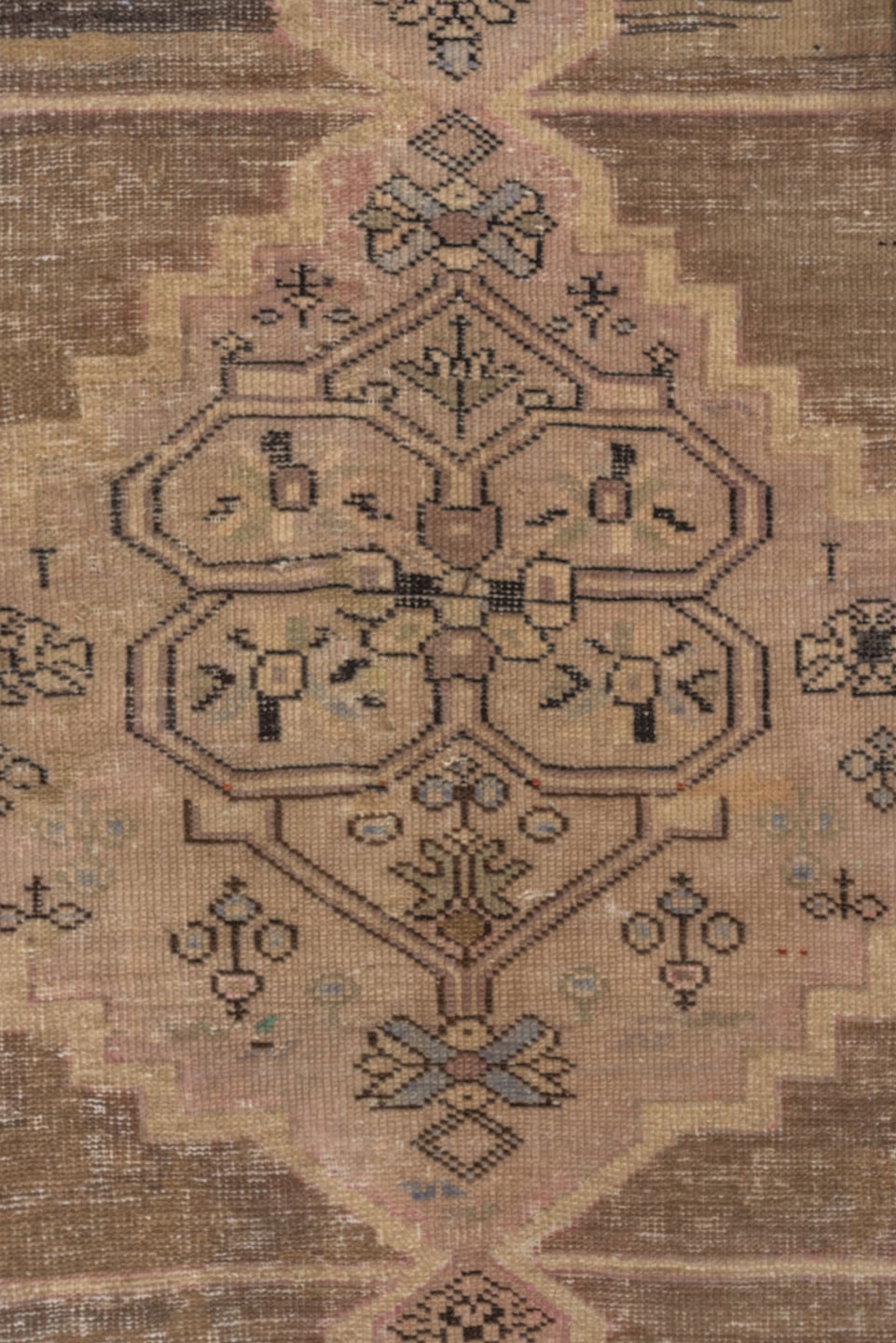 3' x 7' one-of-a-kind handmade antique Caucasian runner rug. Color palette: taupe, ivory, charcoal, blush, brown, camel
