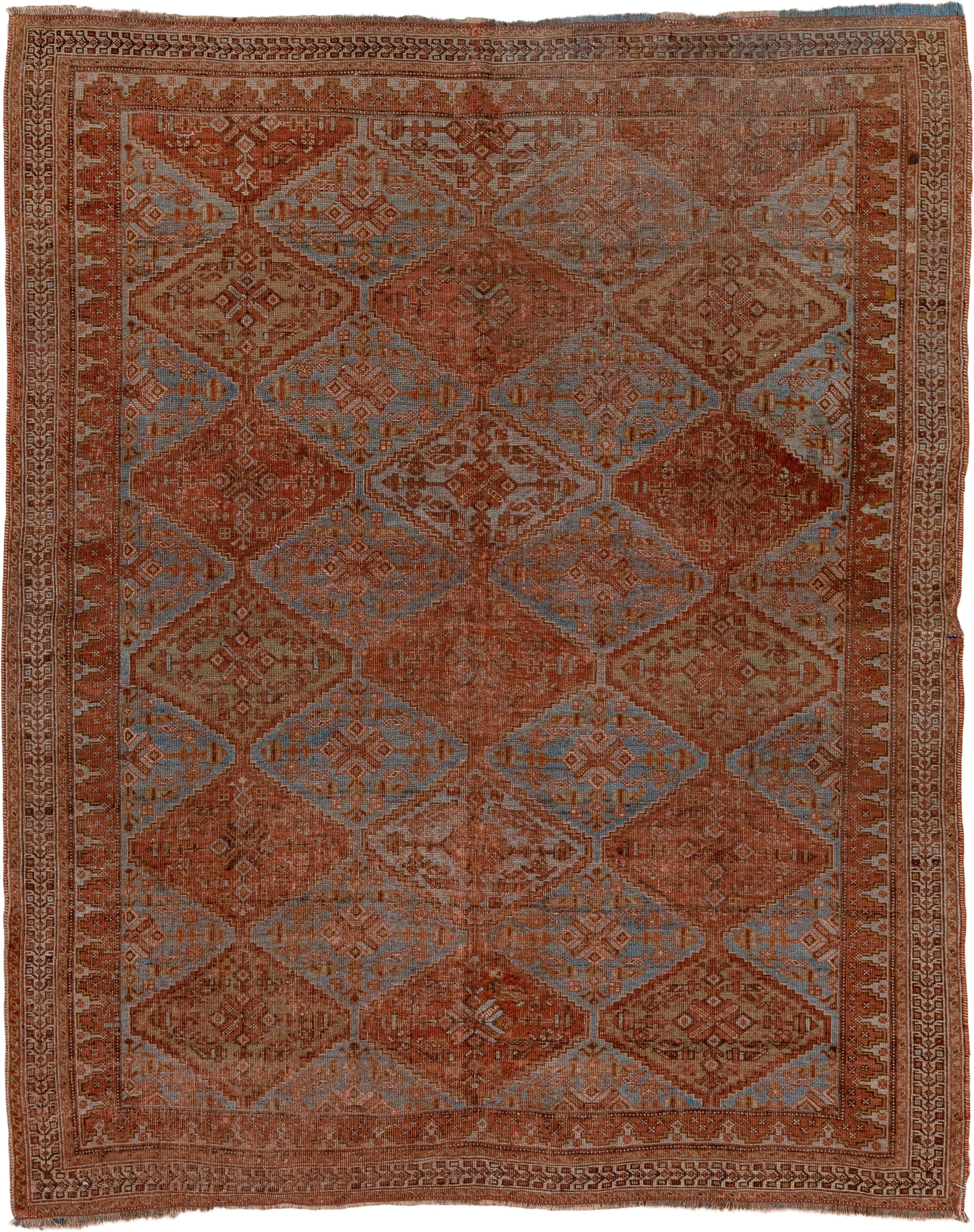 4' x 5' one-of-a-kind handmade antique Afshar small size rug. Color palette: rust, terra cotta, pale blue, ivory, camel