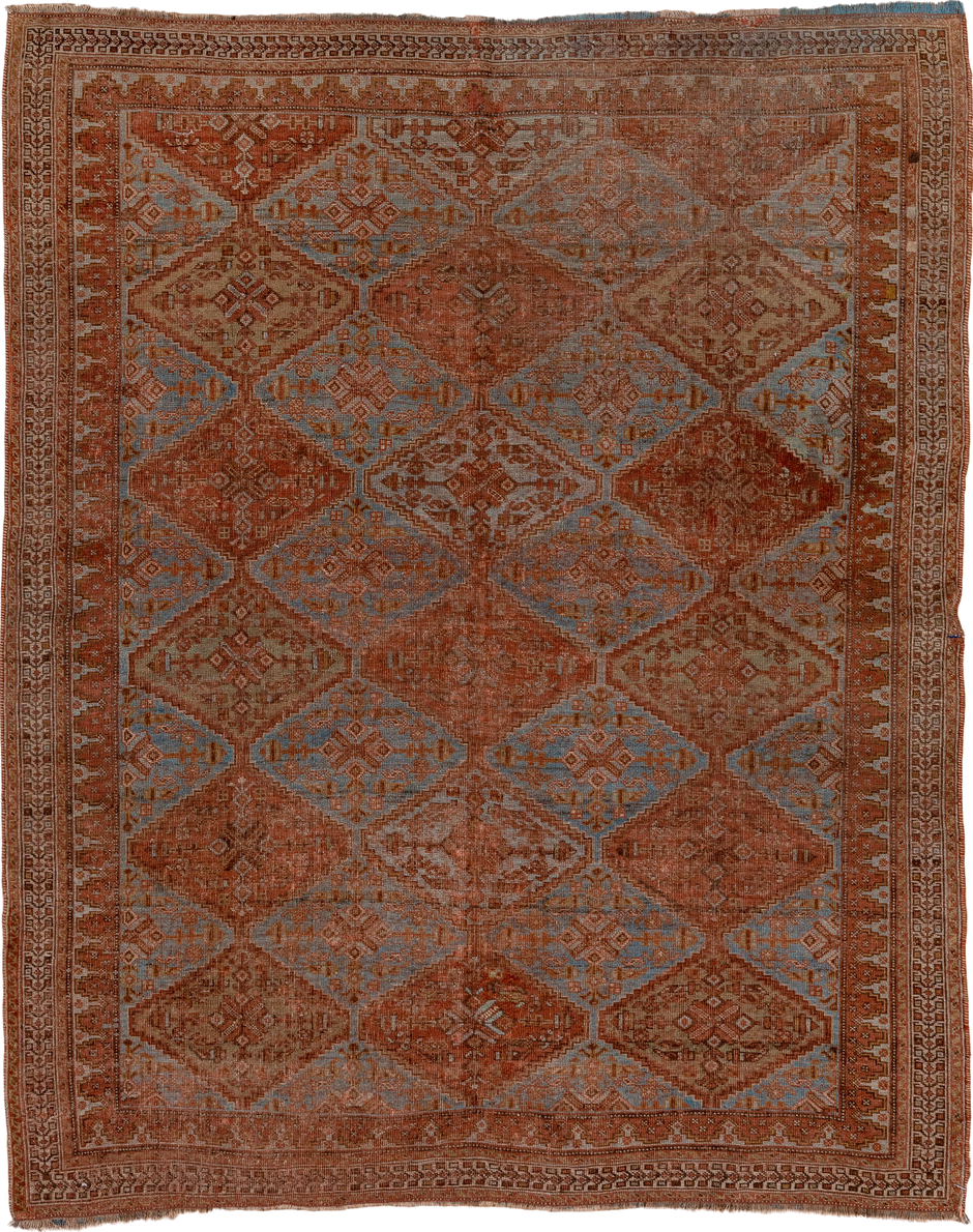 4' x 5' one-of-a-kind handmade vintage Afshar small size rug. Color palette: blue, brown, dim gray, gray, light gray