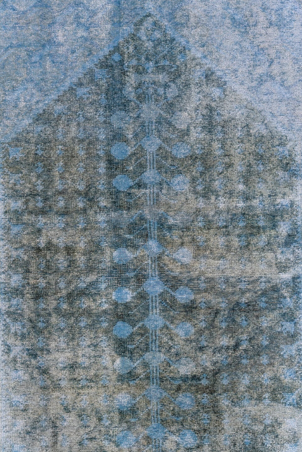 3' x 6' one-of-a-kind handmade antique Overdyed small size rug. Color palette: sky blue, aqua, slate, charcoal, light blue