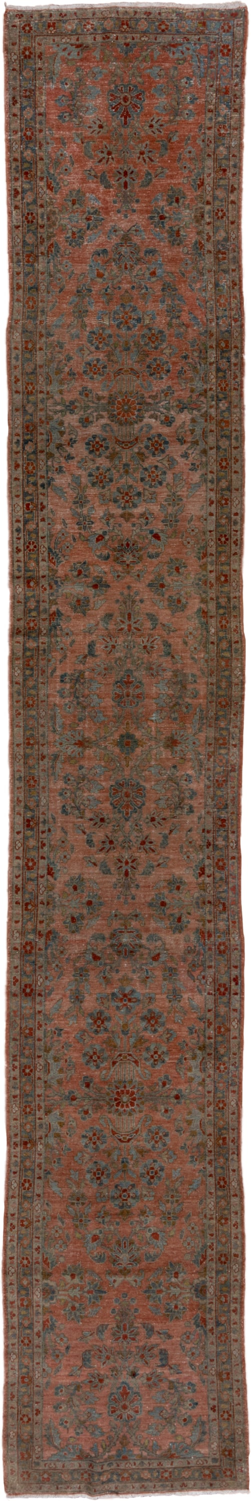 2' x 15' one-of-a-kind handmade antique Lilian runner rug. Color palette: rose, terra cotta, slate, sage, rust, ivory, pink