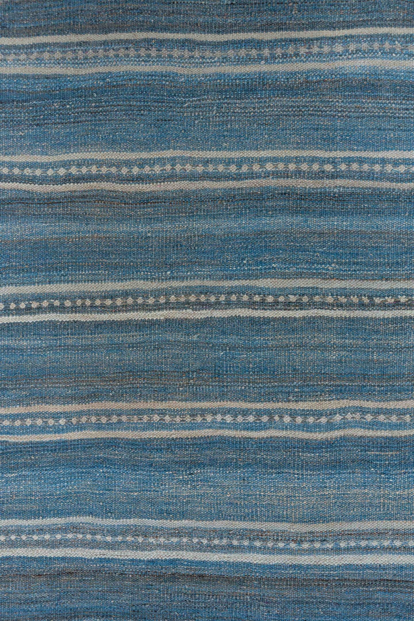 2' x 18' one-of-a-kind handmade vintage Kilim runner rug. Color palette: blue, ivory, taupe, slate, beige, gray
