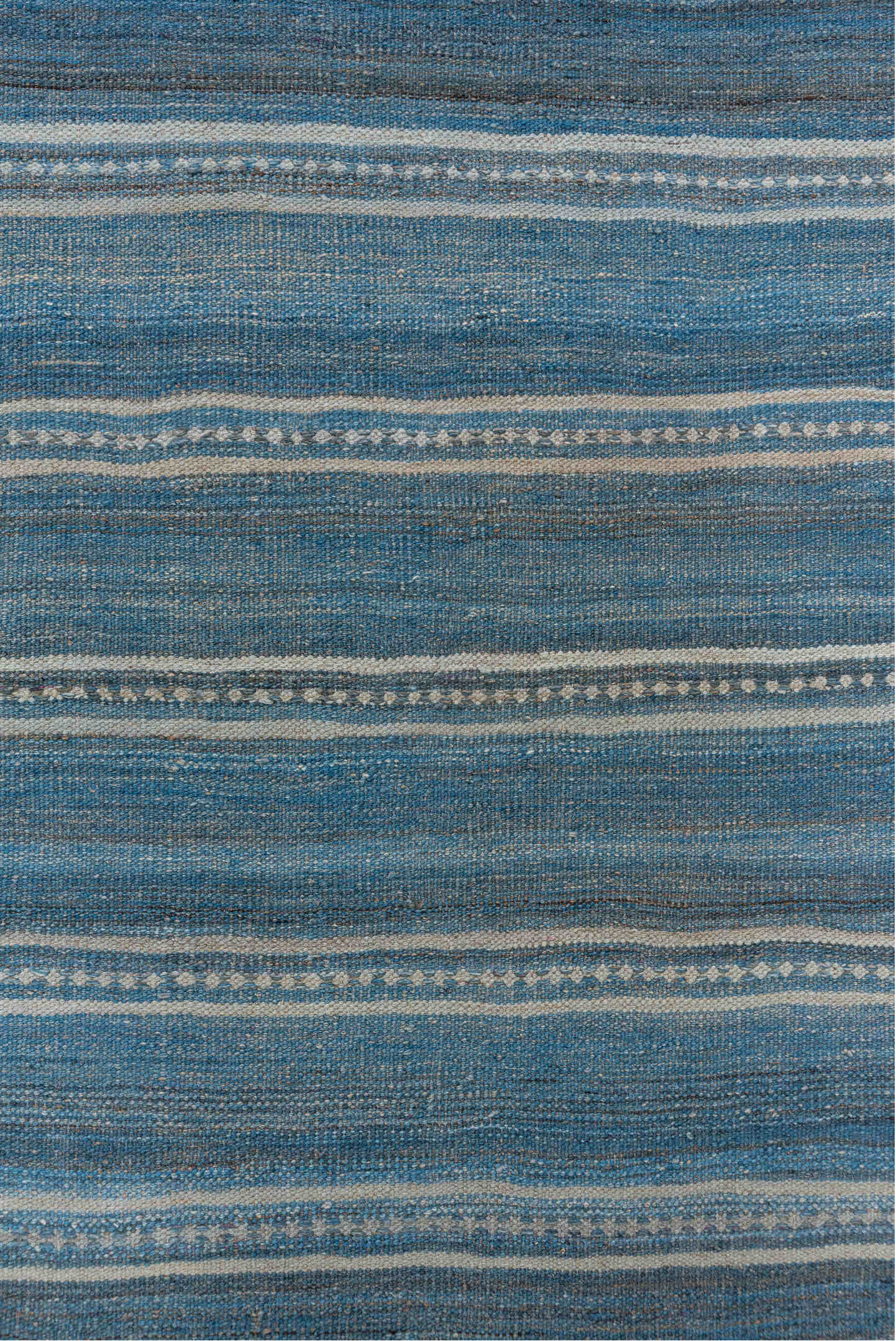 2' x 18' one-of-a-kind handmade vintage Kilim runner rug. Color palette: blue, ivory, taupe, slate, beige, gray