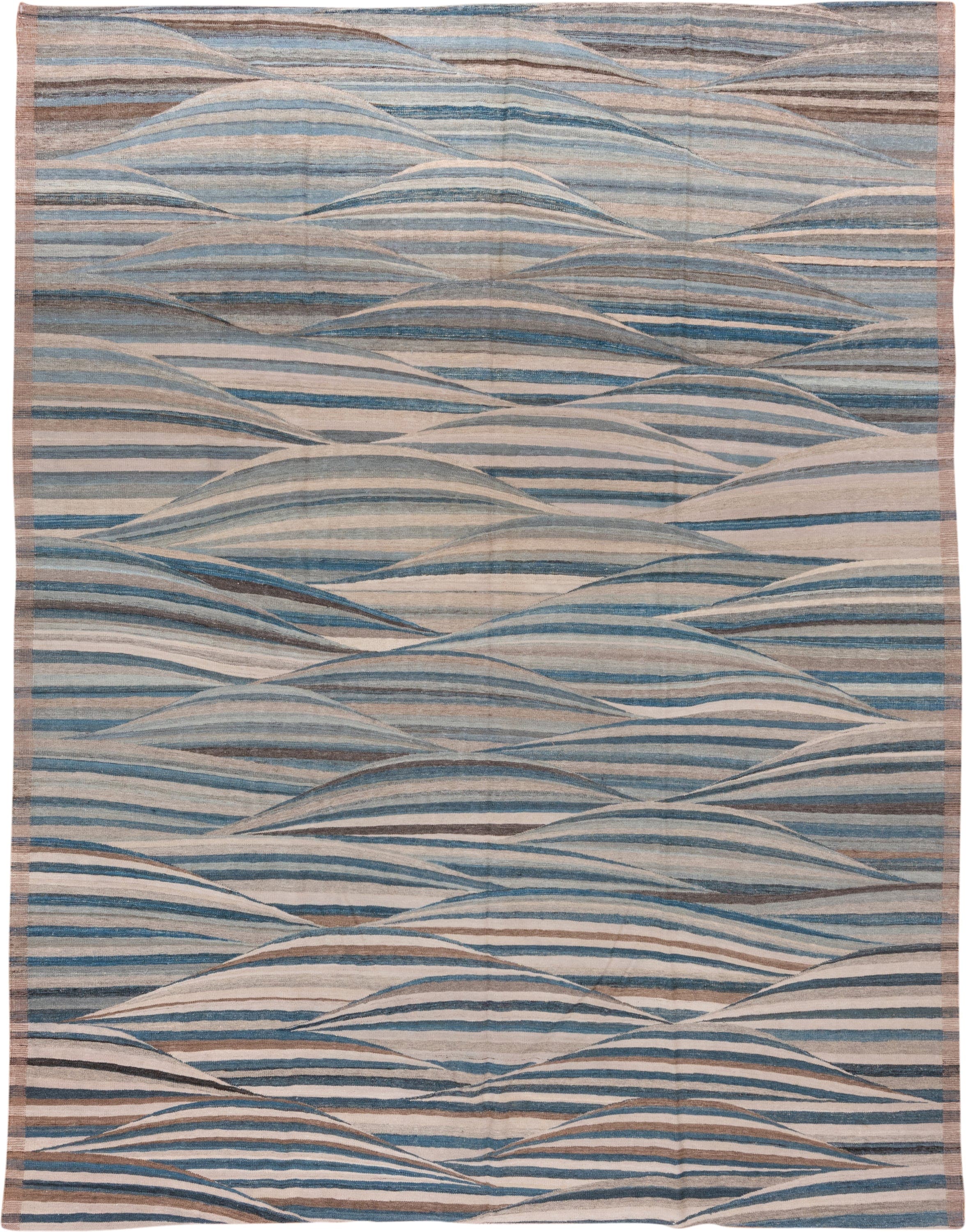 8' x 11' one-of-a-kind handmade vintage Kilim large size rug. Color palette: ivory, sky blue, taupe, slate, charcoal, beige