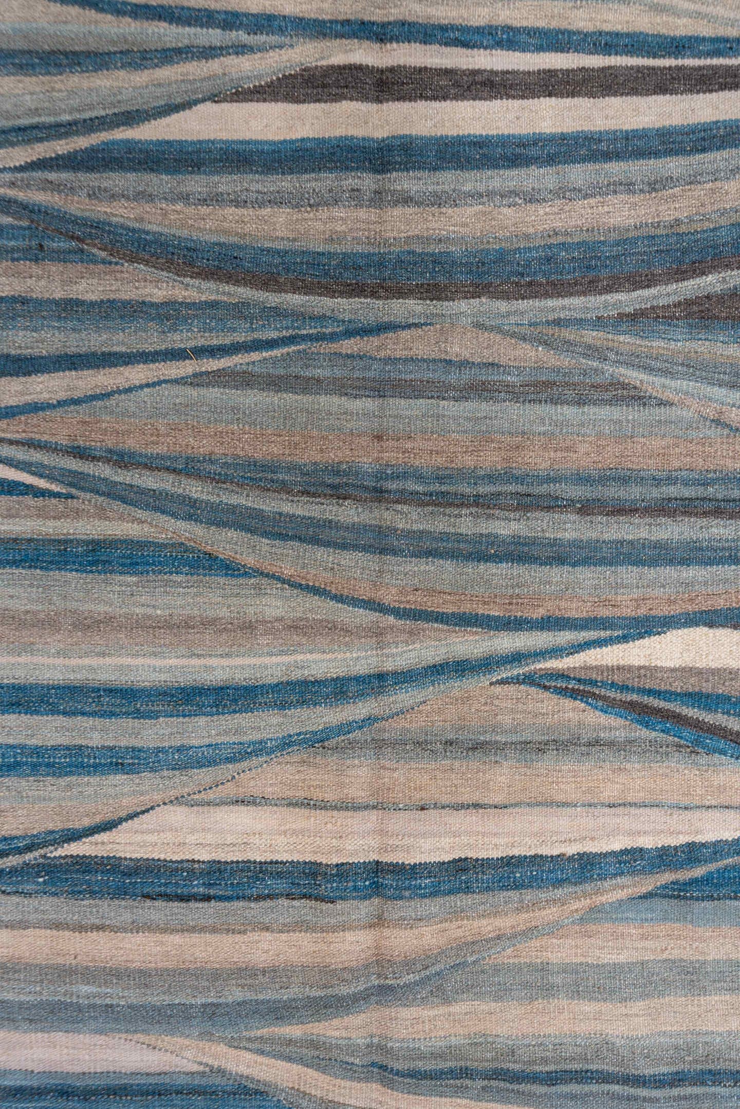 8' x 11' one-of-a-kind handmade vintage Kilim large size rug. Color palette: ivory, sky blue, taupe, slate, charcoal, beige