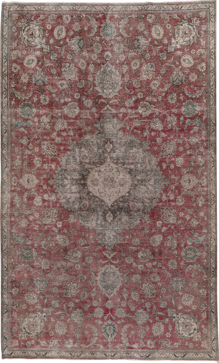 7' x 13' one-of-a-kind handmade vintage Distressed large size rug. Color palette: brown, gray, light gray, pink, red