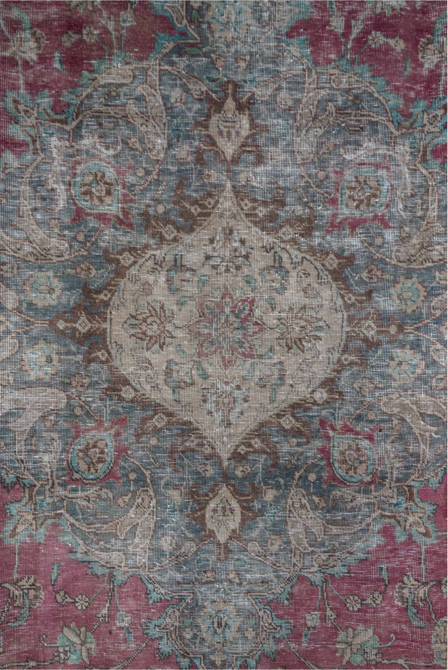 7' x 13' one-of-a-kind handmade vintage Distressed large size rug. Color palette: brown, gray, light gray, pink, red