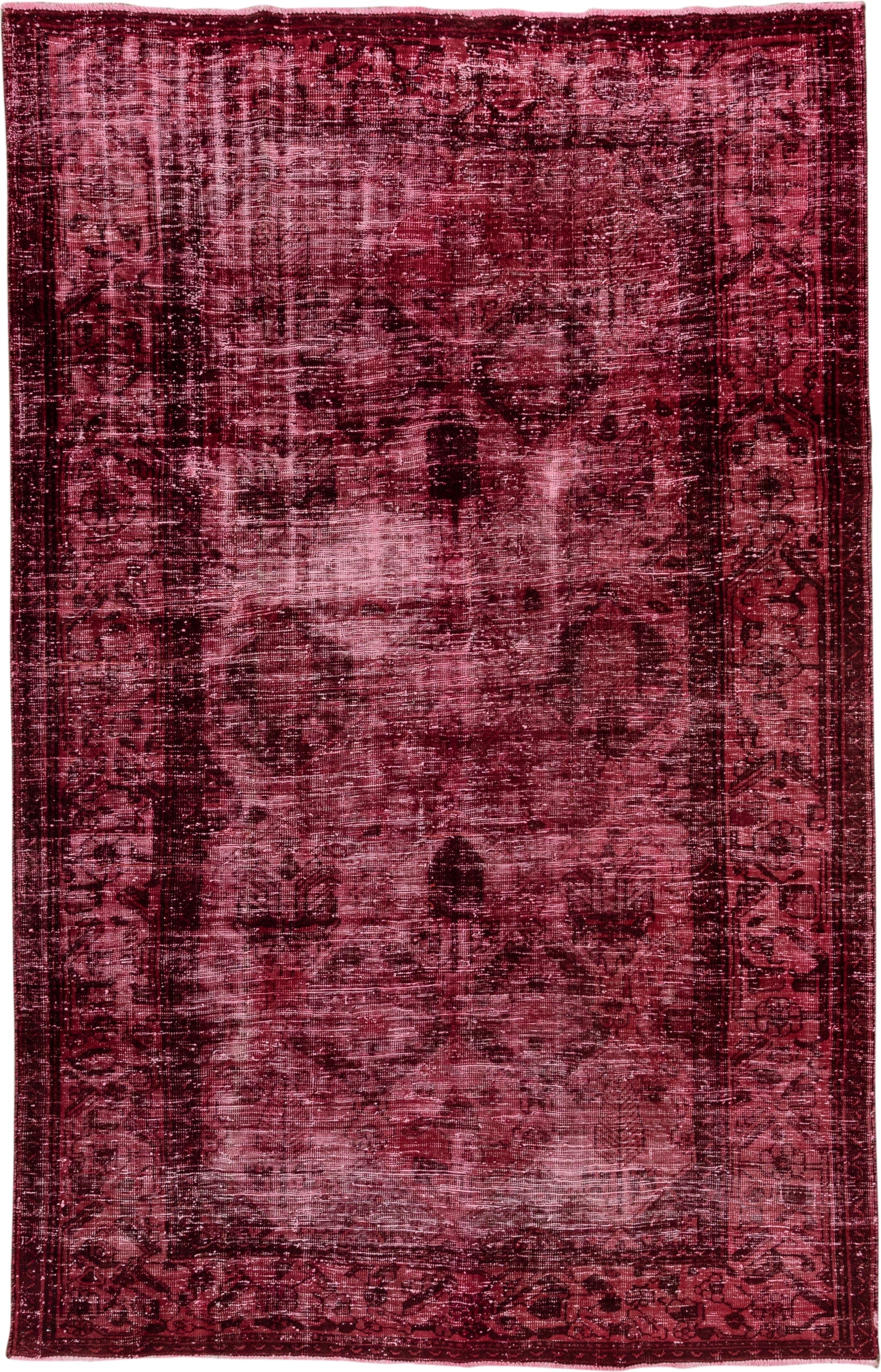 6' x 10' one-of-a-kind handmade vintage Mov large size rug. Color palette: burgundy, rose, crimson, mahogany, plum, pink