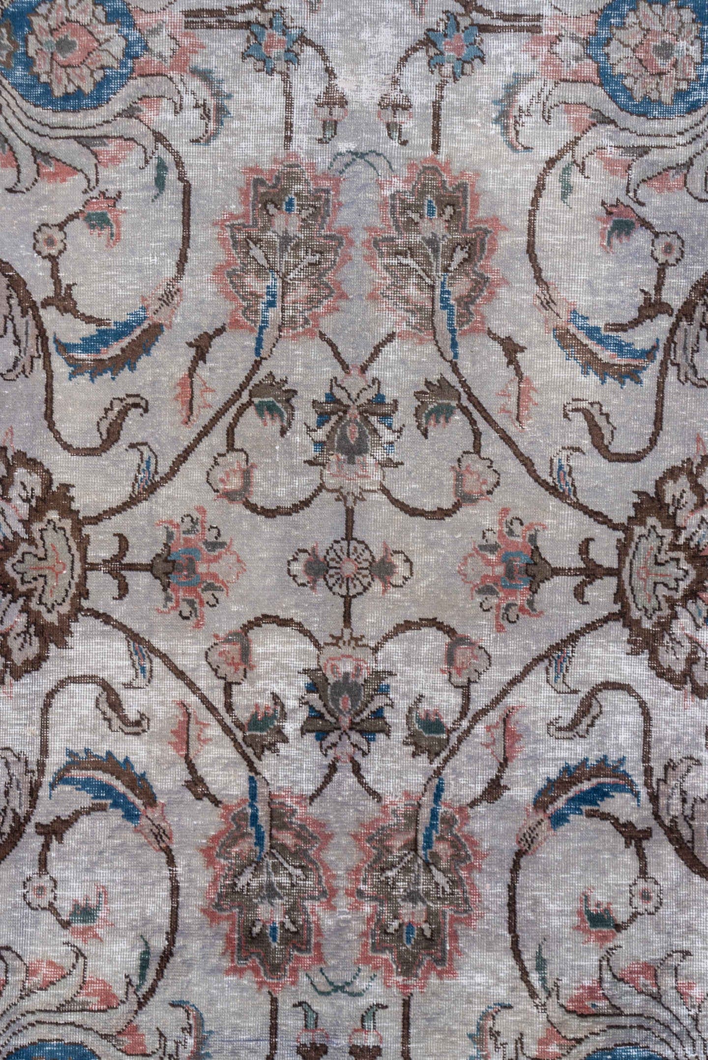 7' x 10' one-of-a-kind handmade vintage Mov large size rug. Color palette: ivory, taupe, brown, rose, sky_blue, slate
